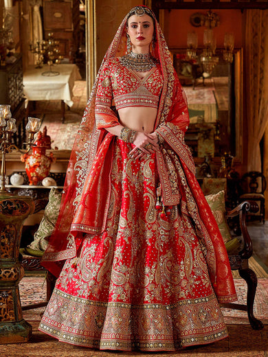 Majestic Red Thread Embroidered Silk Bridal Lehenga Choli With Double Dupatta