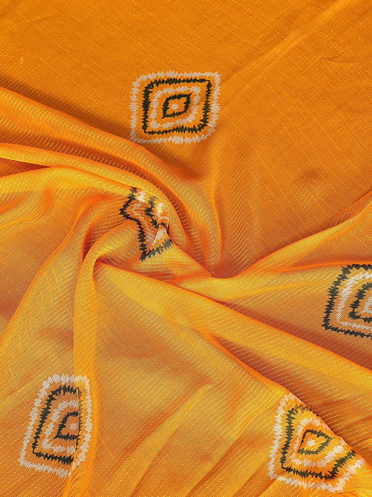 Vibrant yellow ethnic saree with geometric embroidery and subtle texture, perfect for traditional occasions.