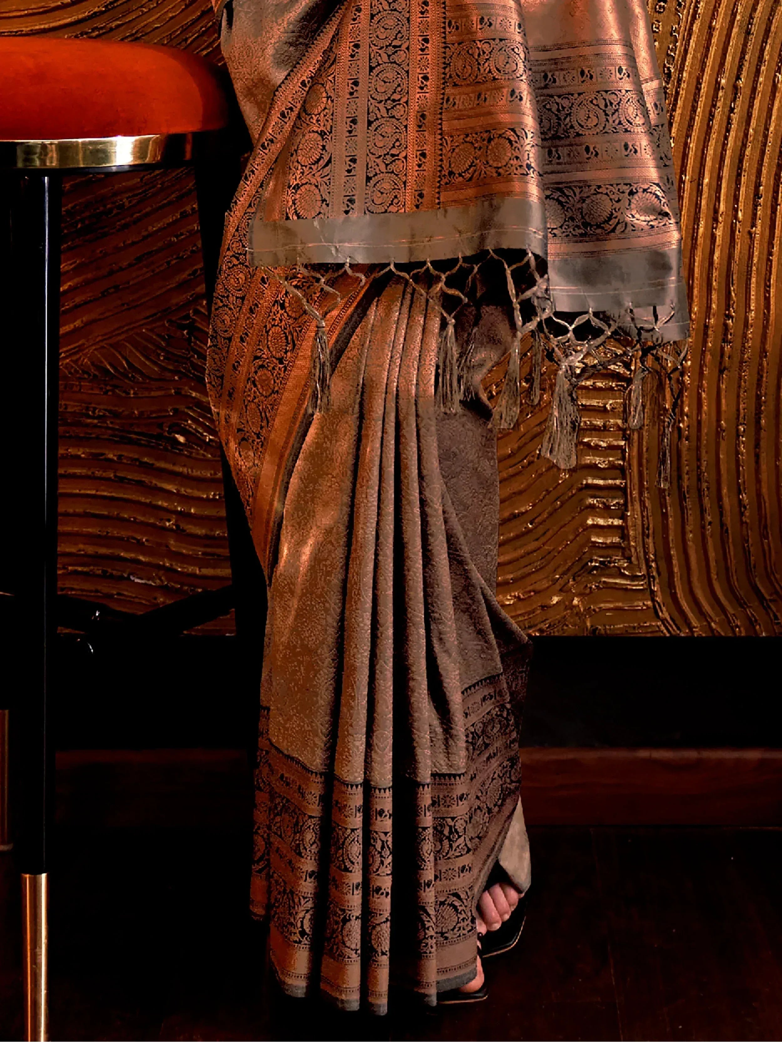 Stunning Brown Copper Weaving Silk Wedding Wear Saree With Blouse