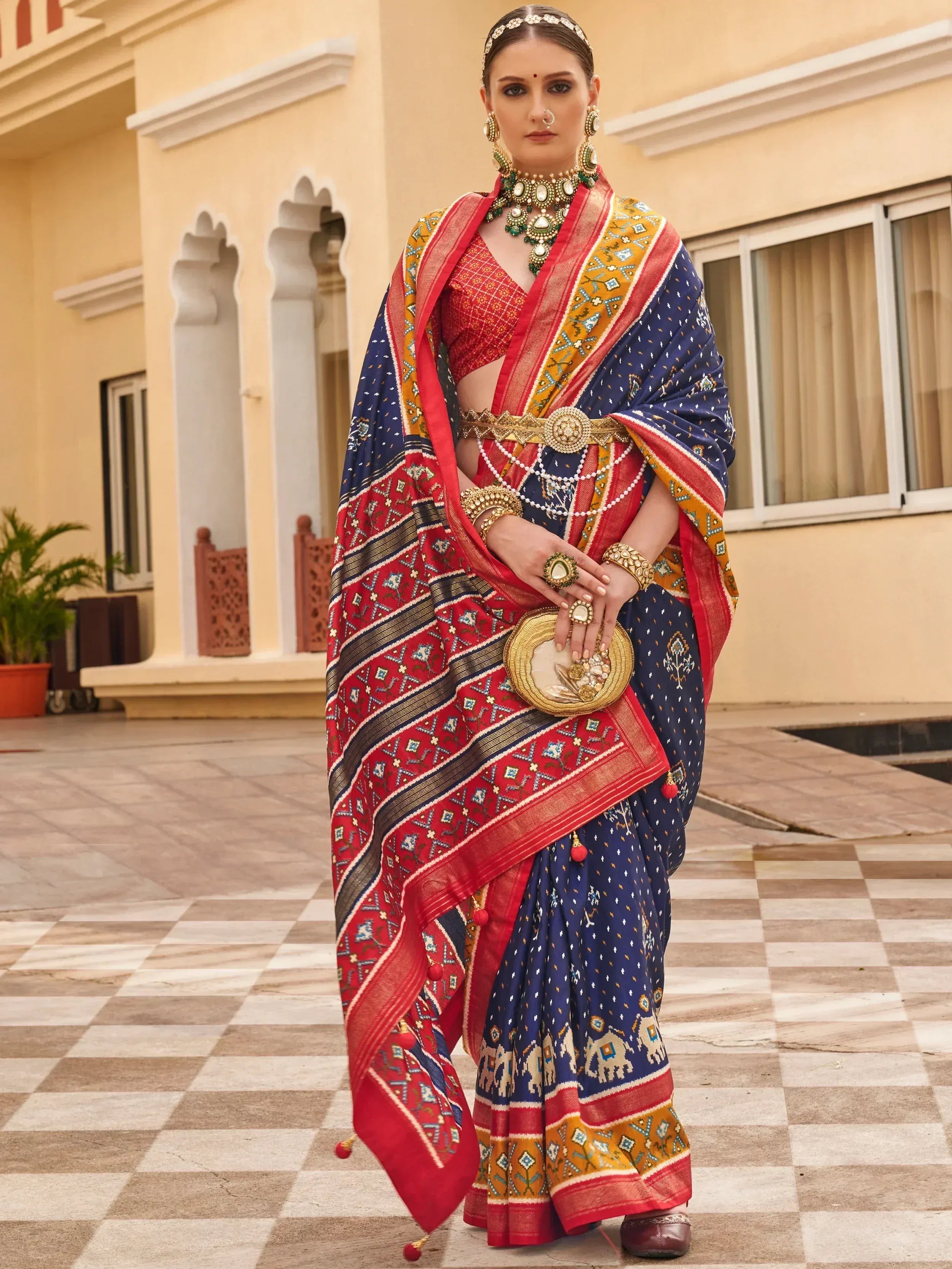 Stunning Navy Blue Patola Printed Silk Wedding Wear Saree With Blouse