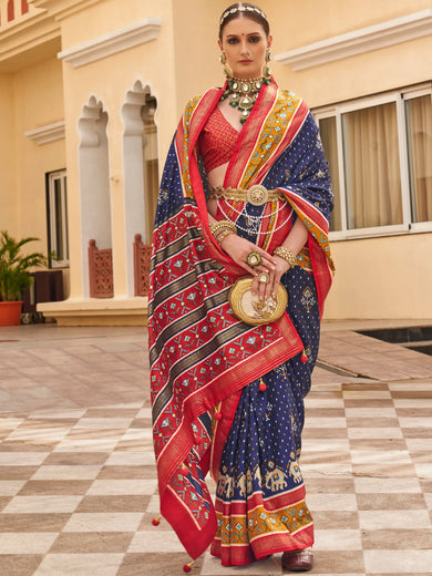 Stunning Navy Blue Patola Printed Silk Wedding Wear Saree With Blouse