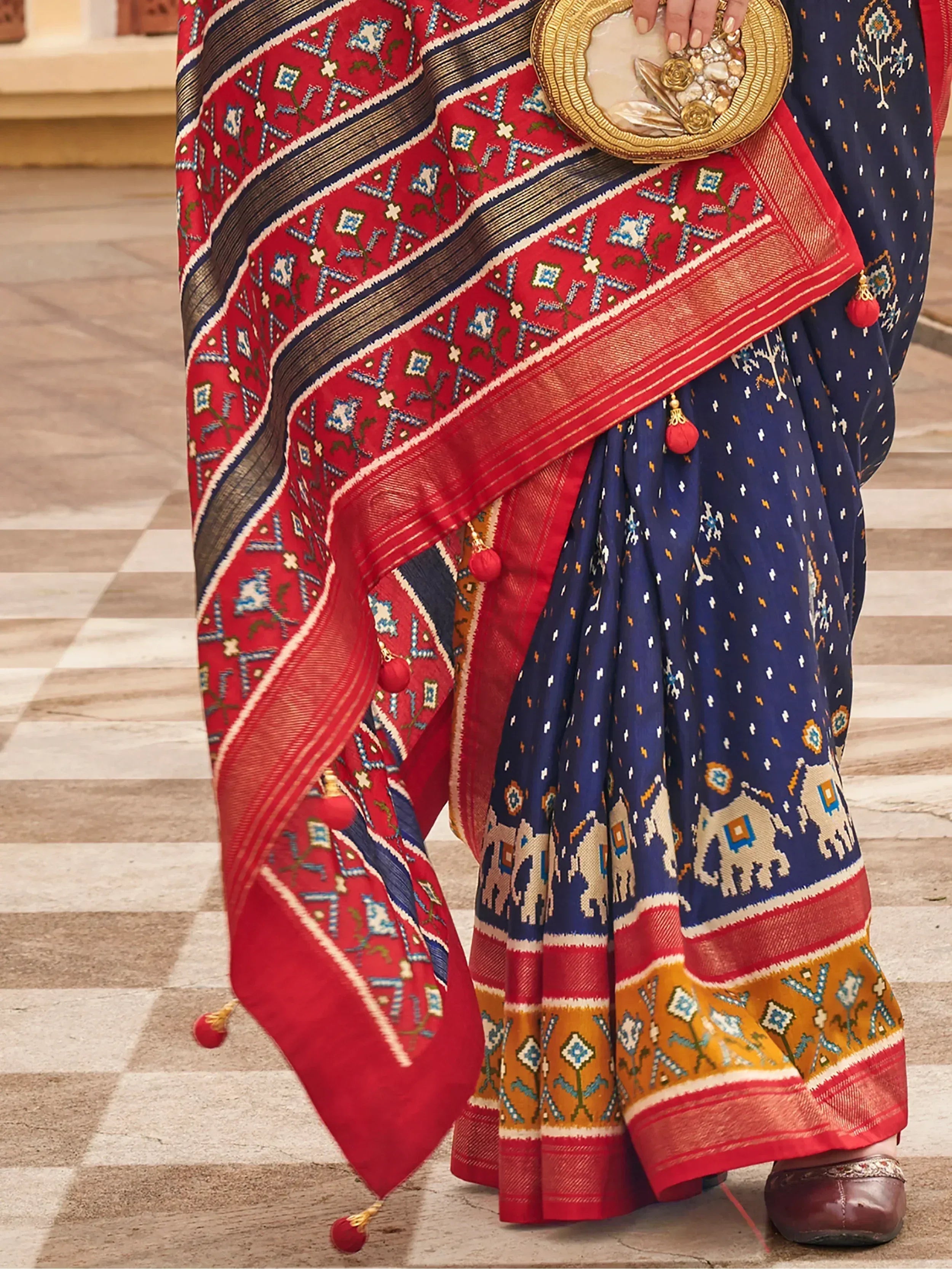Stunning Navy Blue Patola Printed Silk Wedding Wear Saree With Blouse