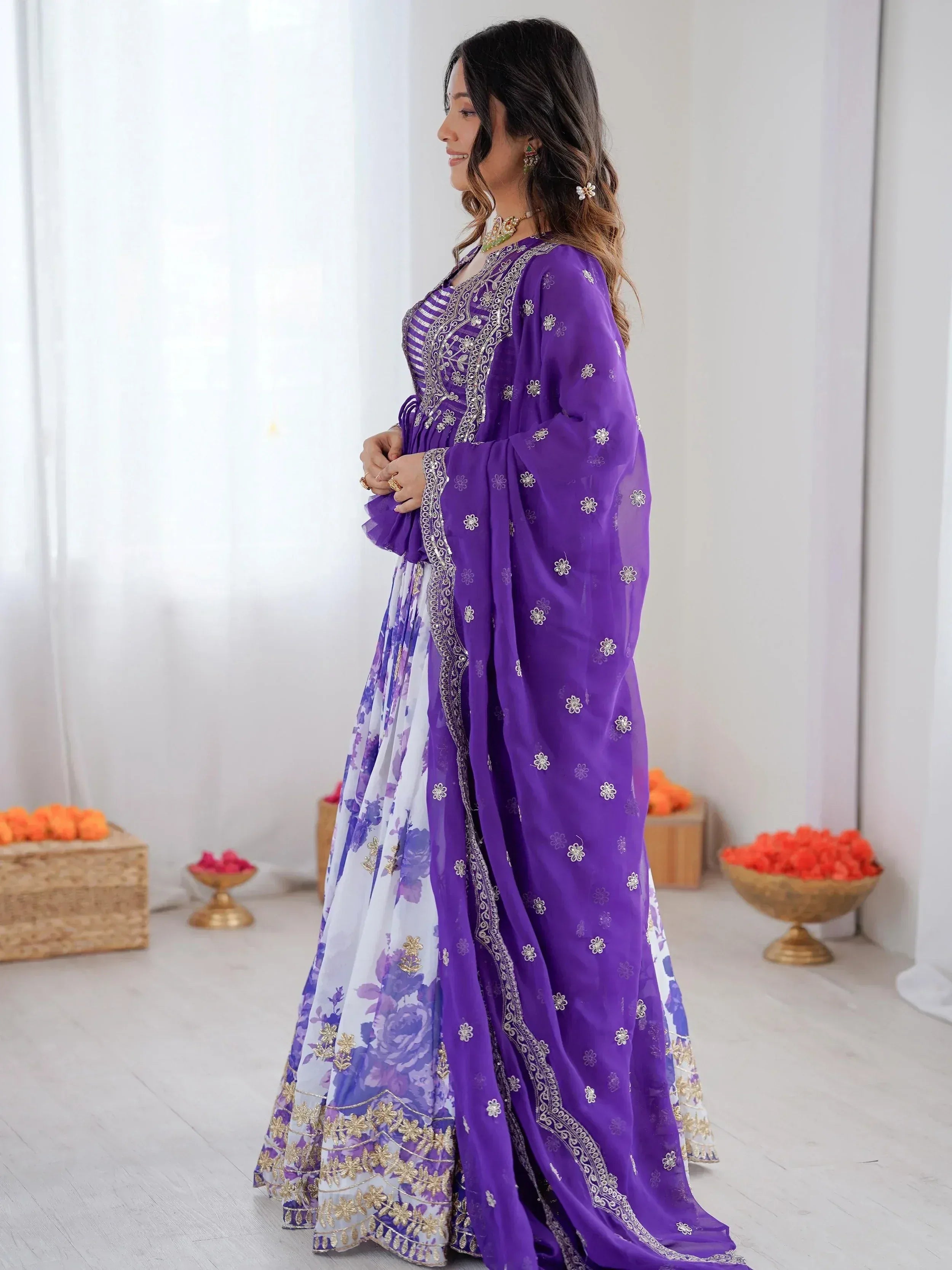 Glowing Purple Sequins Georgette Festive Wear Lehenga Choli With Koti