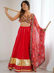 Impressive Red Rayon Navratri Wear Lehenga With Gamthi Work Choli