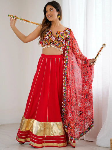 Impressive Red Rayon Navratri Wear Lehenga With Gamthi Work Choli