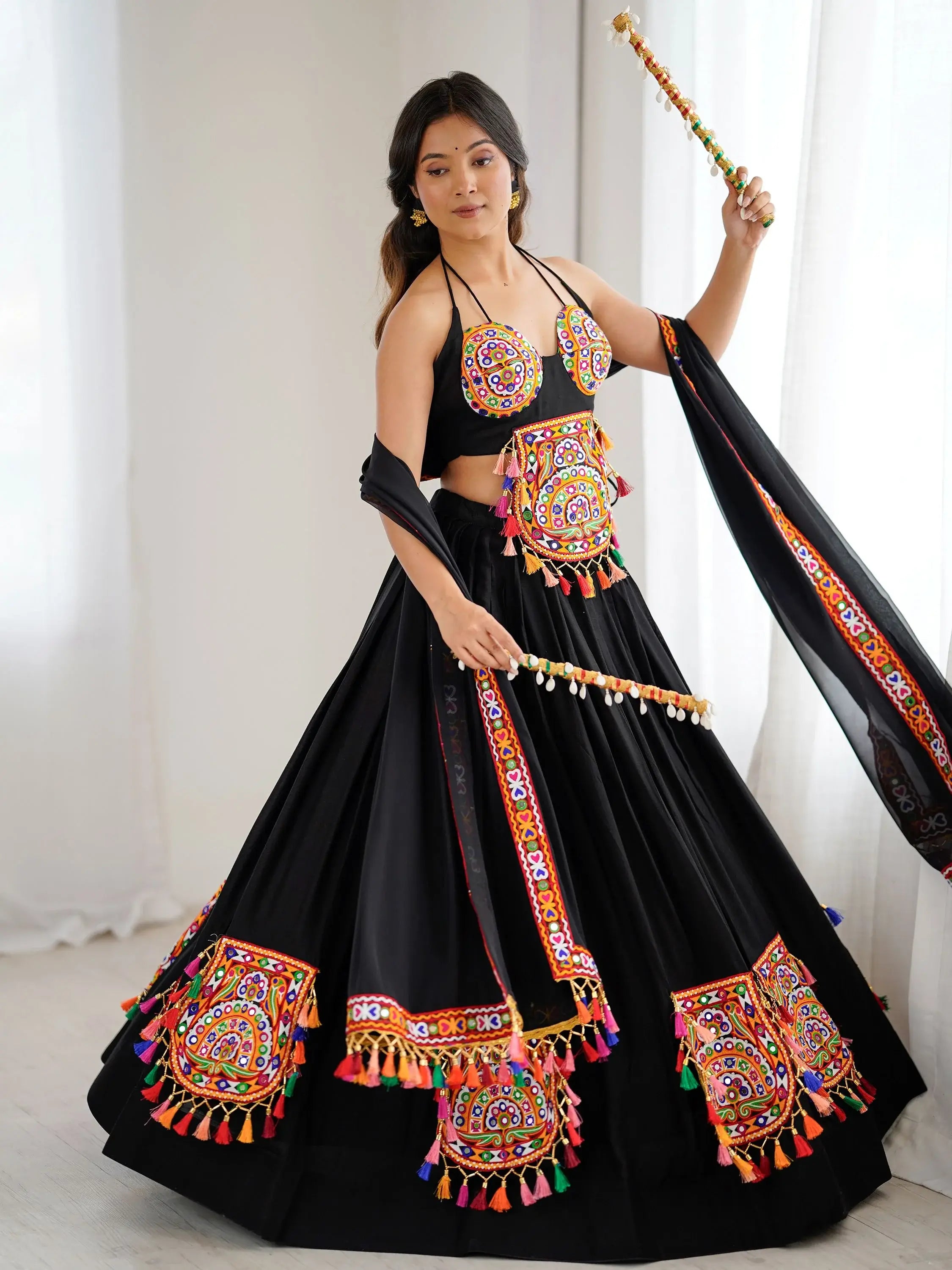 Tantalizing Black Thread Work Rayon Navaratri Wear Lehenga Choli With Dupatta