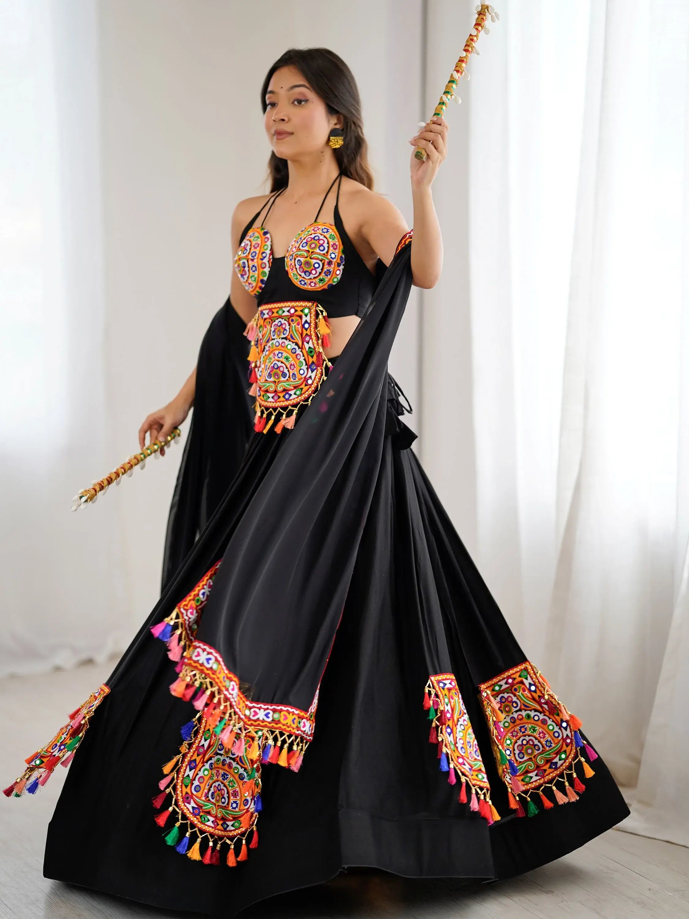 Tantalizing Black Thread Work Rayon Navaratri Wear Lehenga Choli With Dupatta