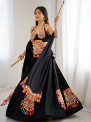 Tantalizing Black Thread Work Rayon Navaratri Wear Lehenga Choli With Dupatta