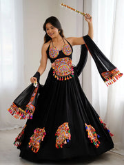 Tantalizing Black Thread Work Rayon Navaratri Wear Lehenga Choli With Dupatta