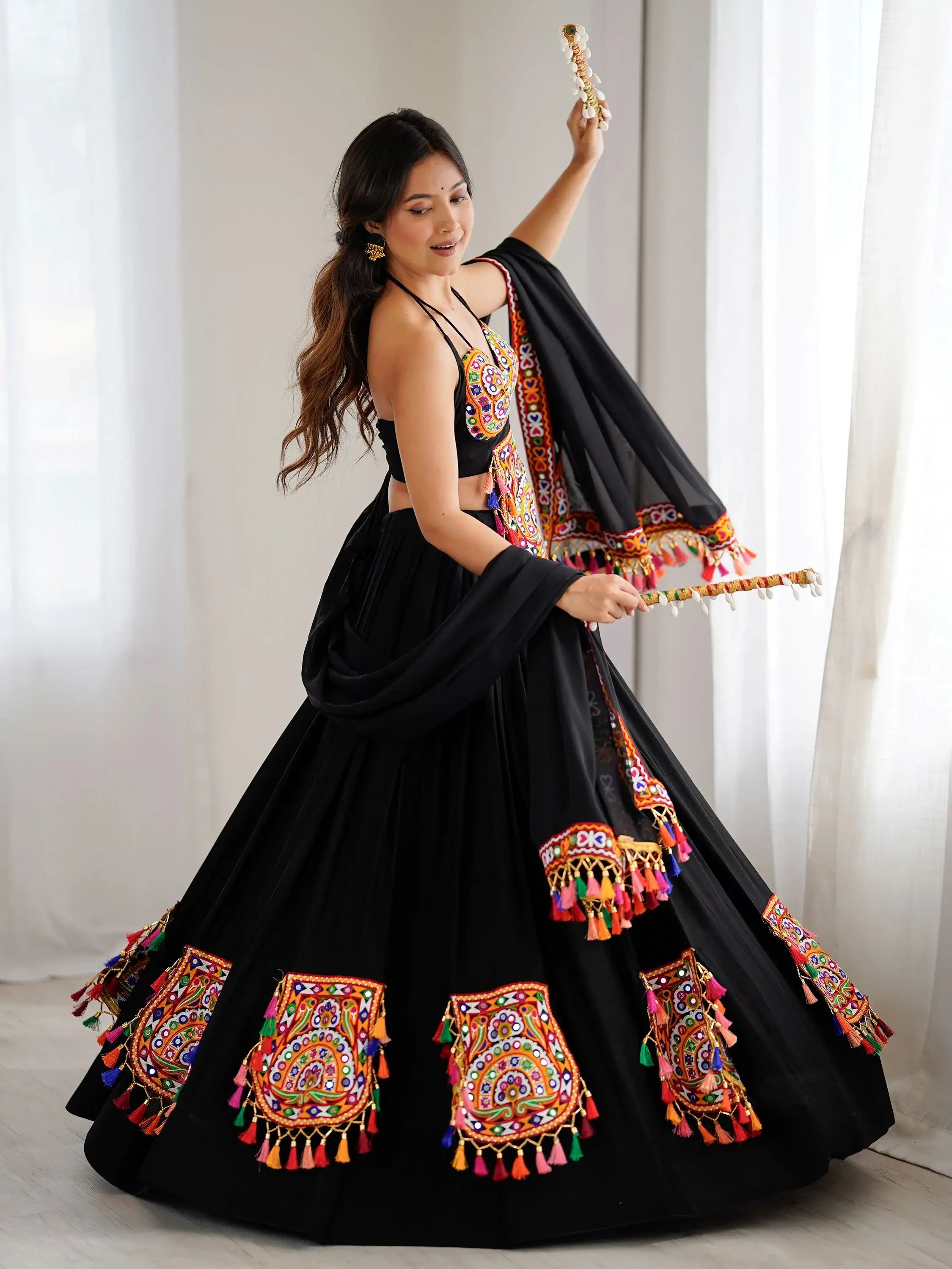 Tantalizing Black Thread Work Rayon Navaratri Wear Lehenga Choli With Dupatta