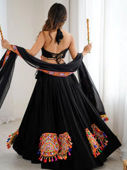 Tantalizing Black Thread Work Rayon Navaratri Wear Lehenga Choli With Dupatta