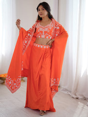 Beautiful Orange Crepe Designer Lehenga Choli With Sequins Shrug