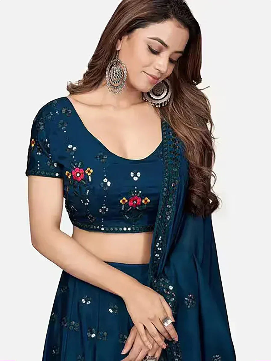 Dark blue embroidered lehenga choli with floral sequin work and matching dupatta