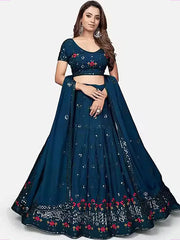 Lavishing Teal Blue Georgette Embroidered Festive Lehenga Choli