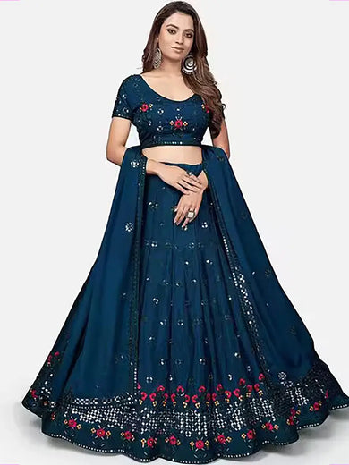 Lavishing Teal Blue Georgette Embroidered Festive Lehenga Choli