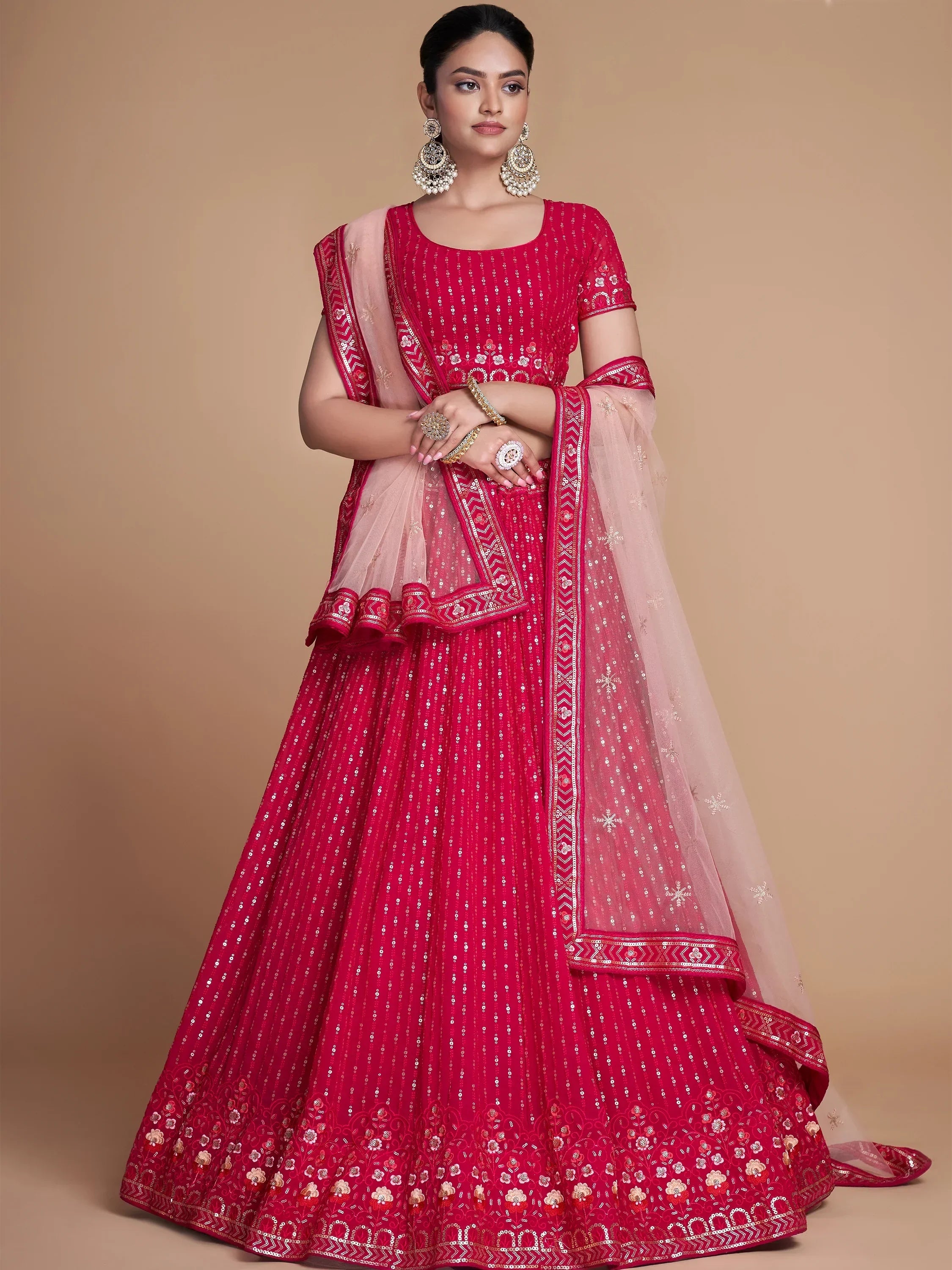 Wondrous Rose Pink Sequined Georgette Bridesmaid Lehenga Choli