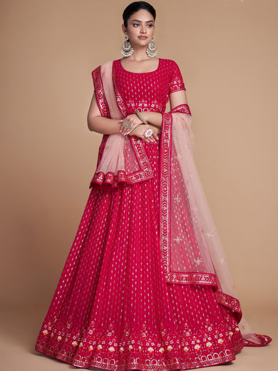 Wondrous Rose Pink Sequined Georgette Bridesmaid Lehenga Choli
