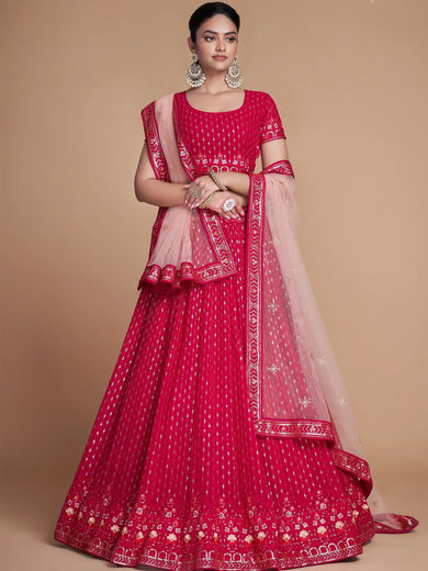 Wondrous Rose Pink Sequined Georgette Bridesmaid Lehenga Choli