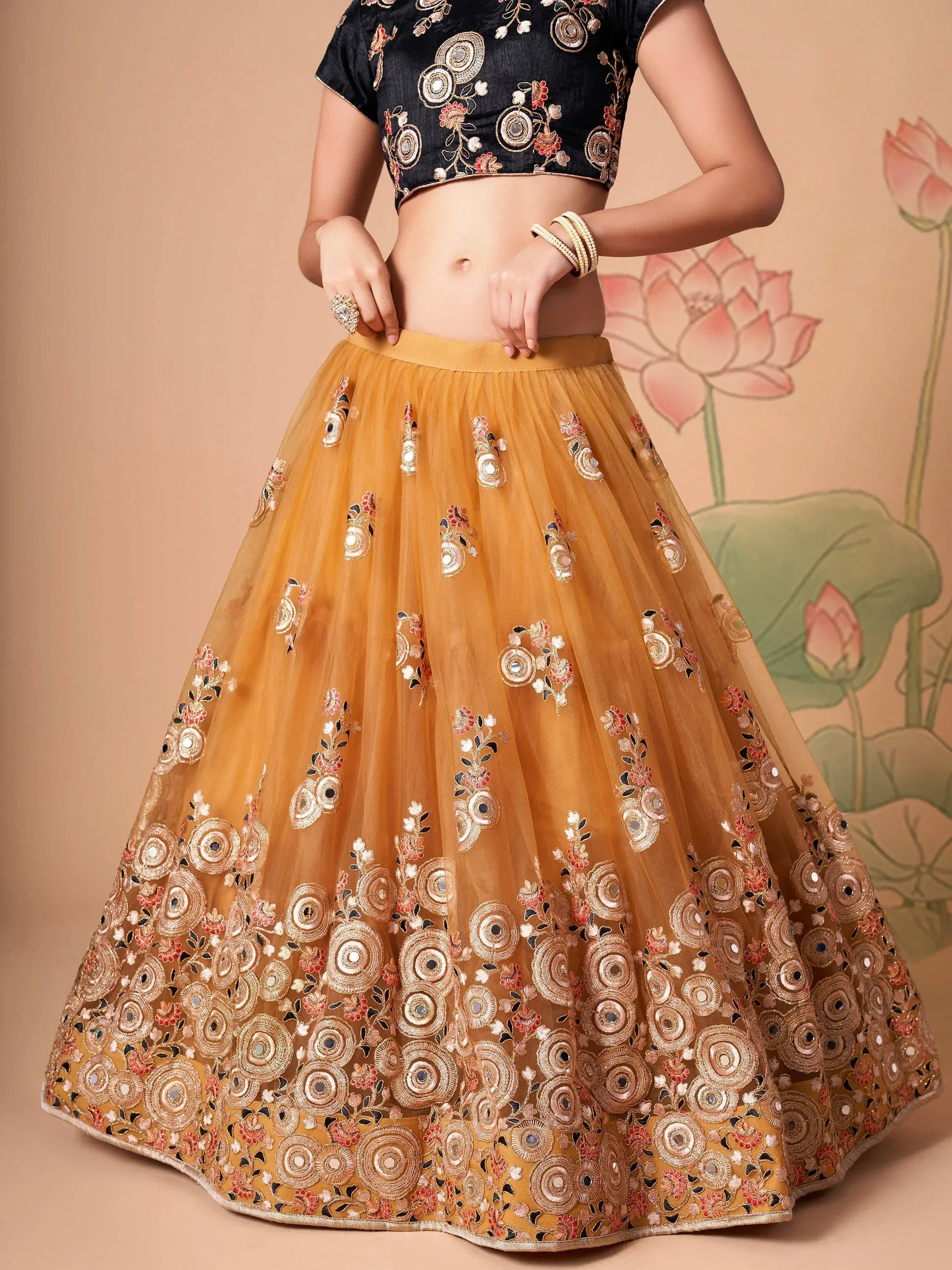 Glowing Golden Embroidered Net Engagement Wear Plus Size Lehenga Choli