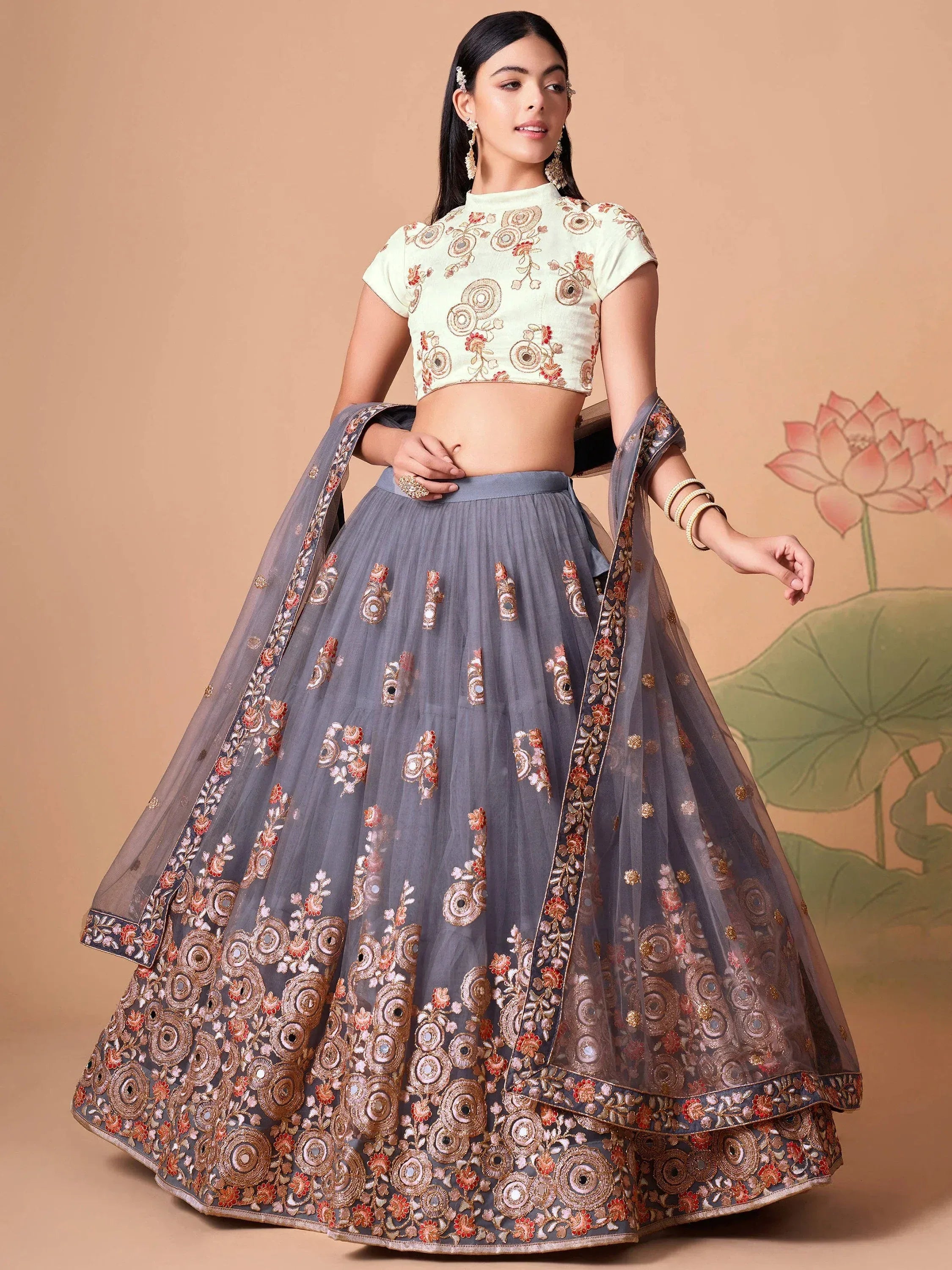 Amazing Grey Embroidered Net Cocktail Party Wear Plus Size Lehenga Choli