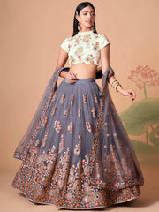 Sumptuous Grey Mirror Work Net Designer Lehenga Choli