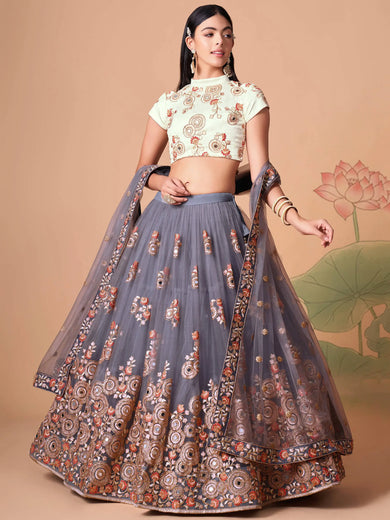 Sumptuous Grey Mirror Work Net Designer Lehenga Choli