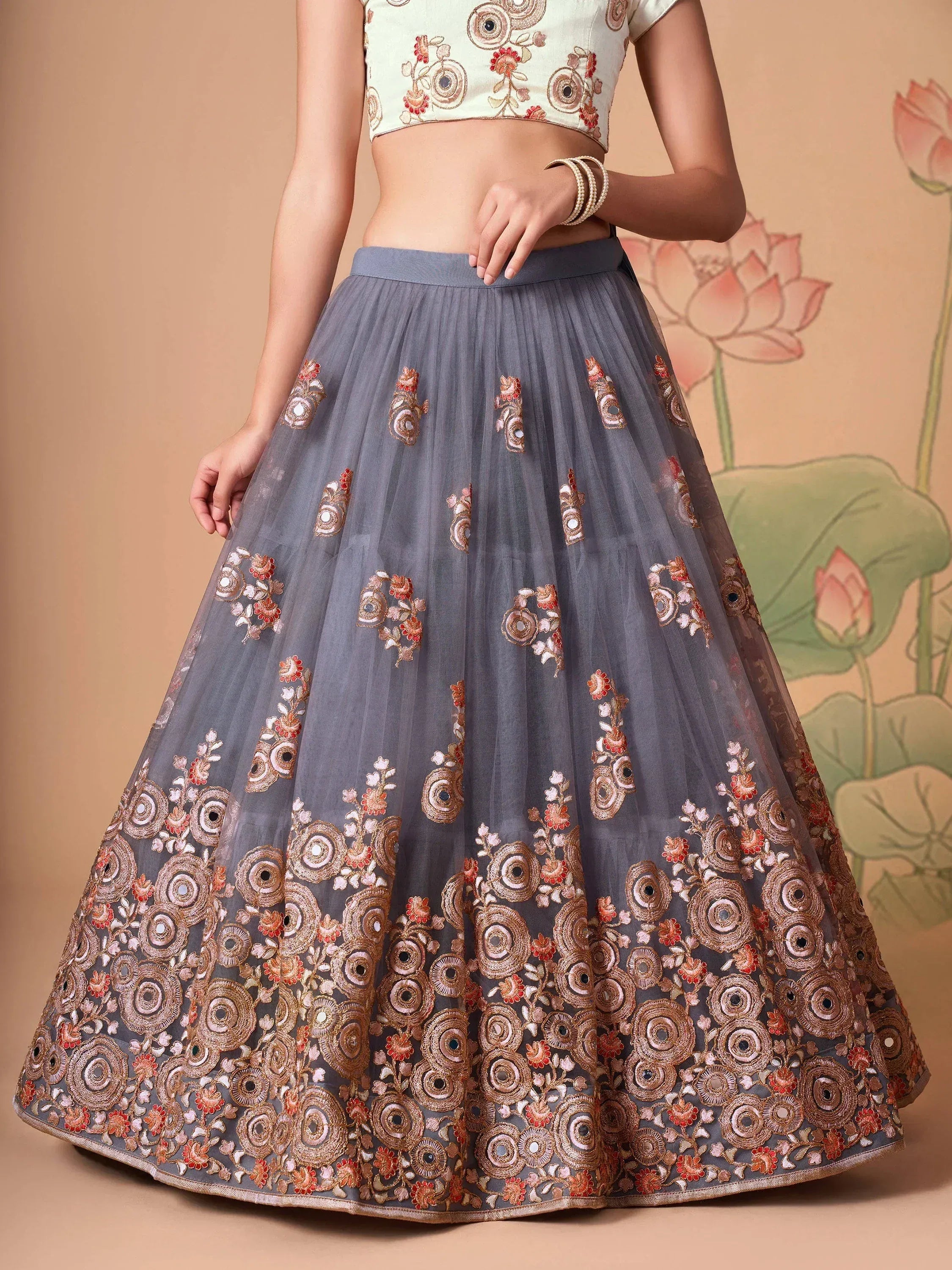 Sumptuous Grey Mirror Work Net Designer Lehenga Choli