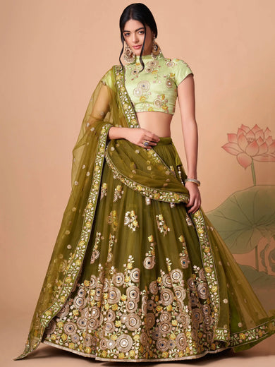 Gorgeous Olive Green Embroidered Net Wedding Lehenga Choli