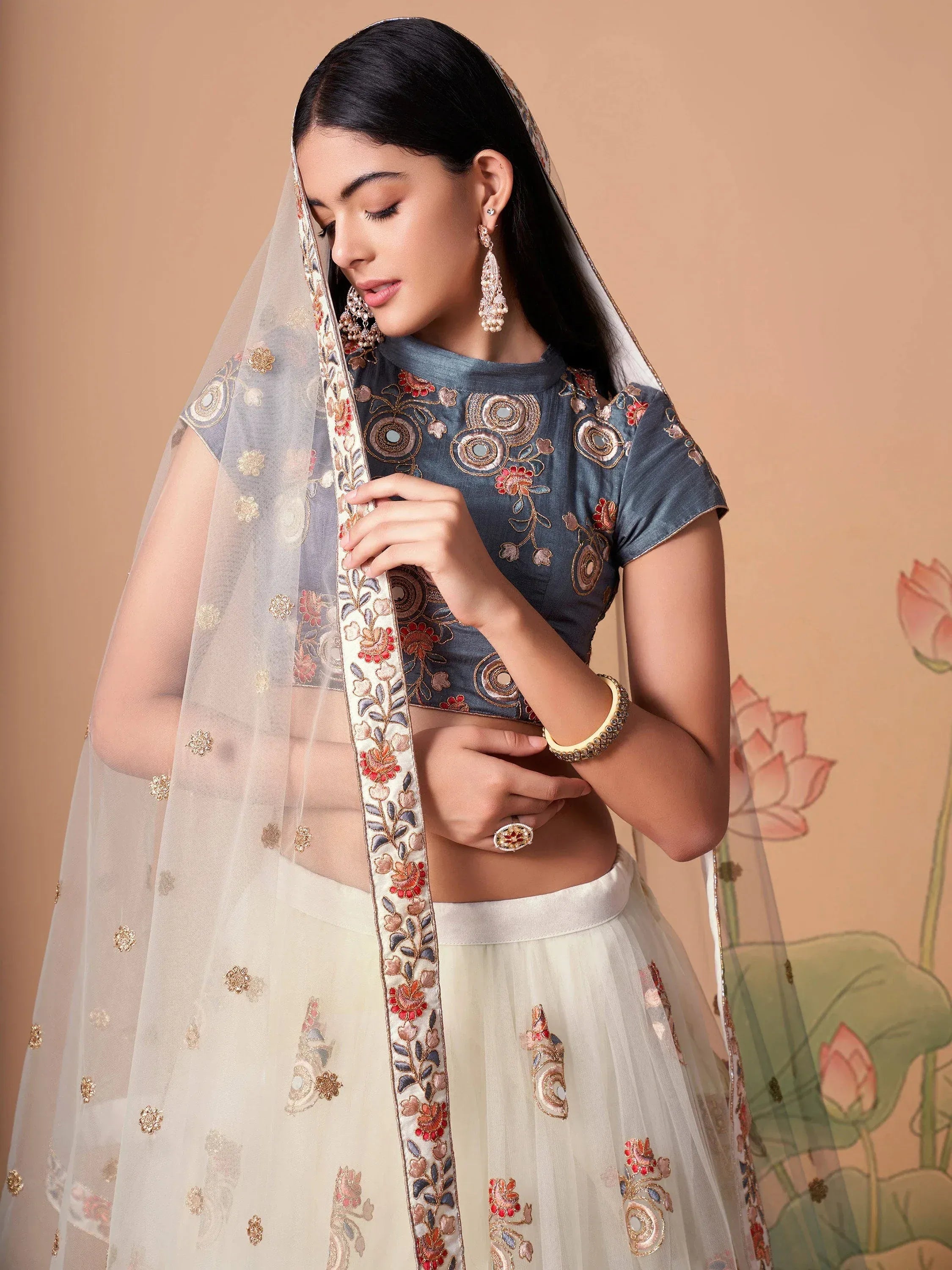 Great Off-White Embroidered Net Sangeet Wear Plus Size Lehenga Choli