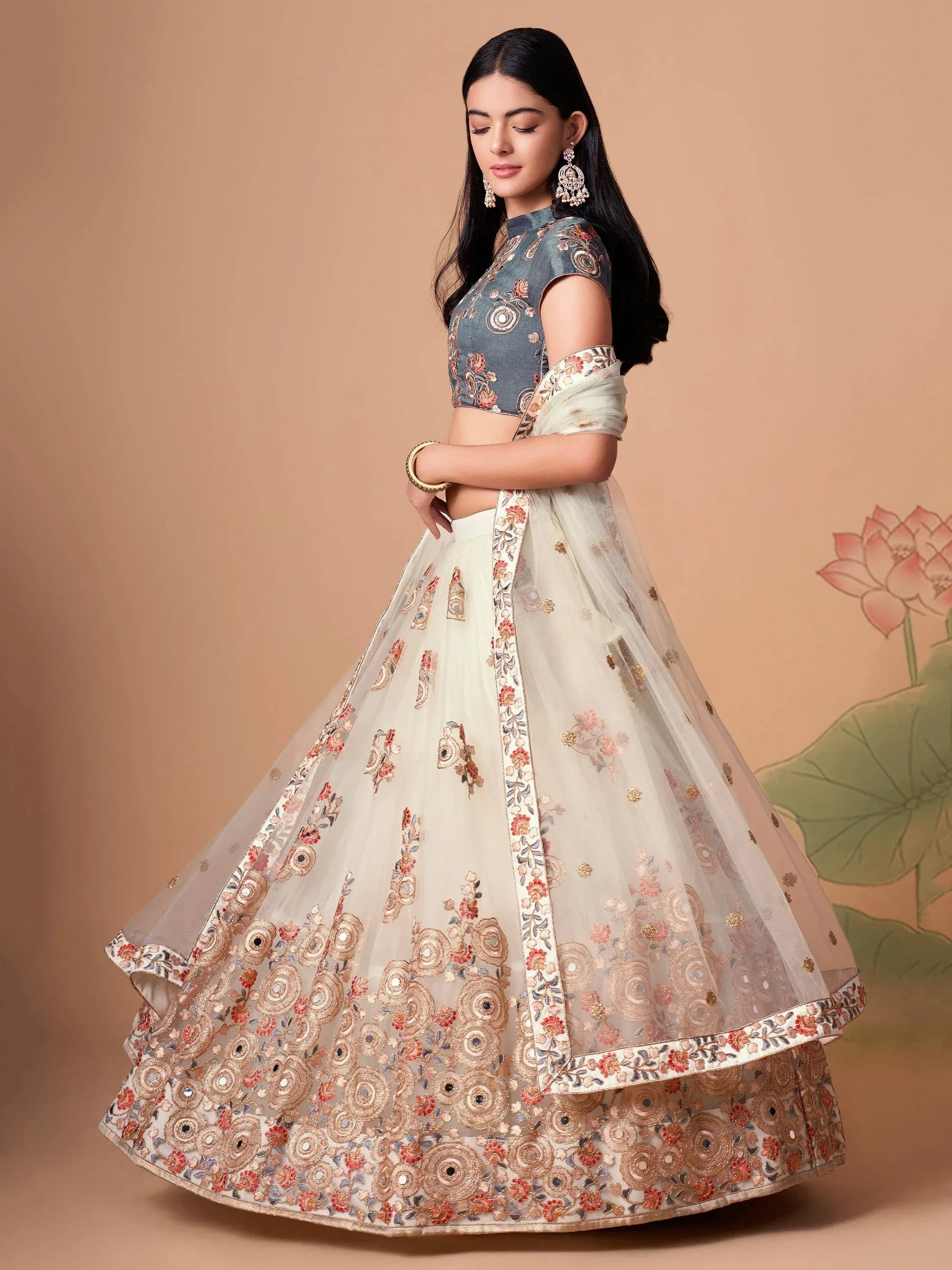 Great Off-White Embroidered Net Sangeet Wear Plus Size Lehenga Choli