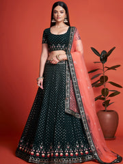 Splendid Bottle Green Sequined Georgette Bridesmaid Lehenga Choli