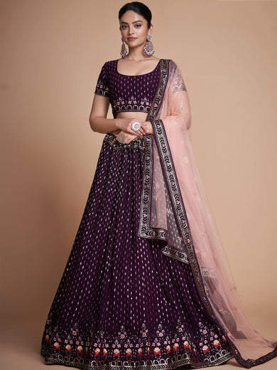 Fantastic Wine Thread Embroidery Georgette Sangeet Party Lehenga Choli