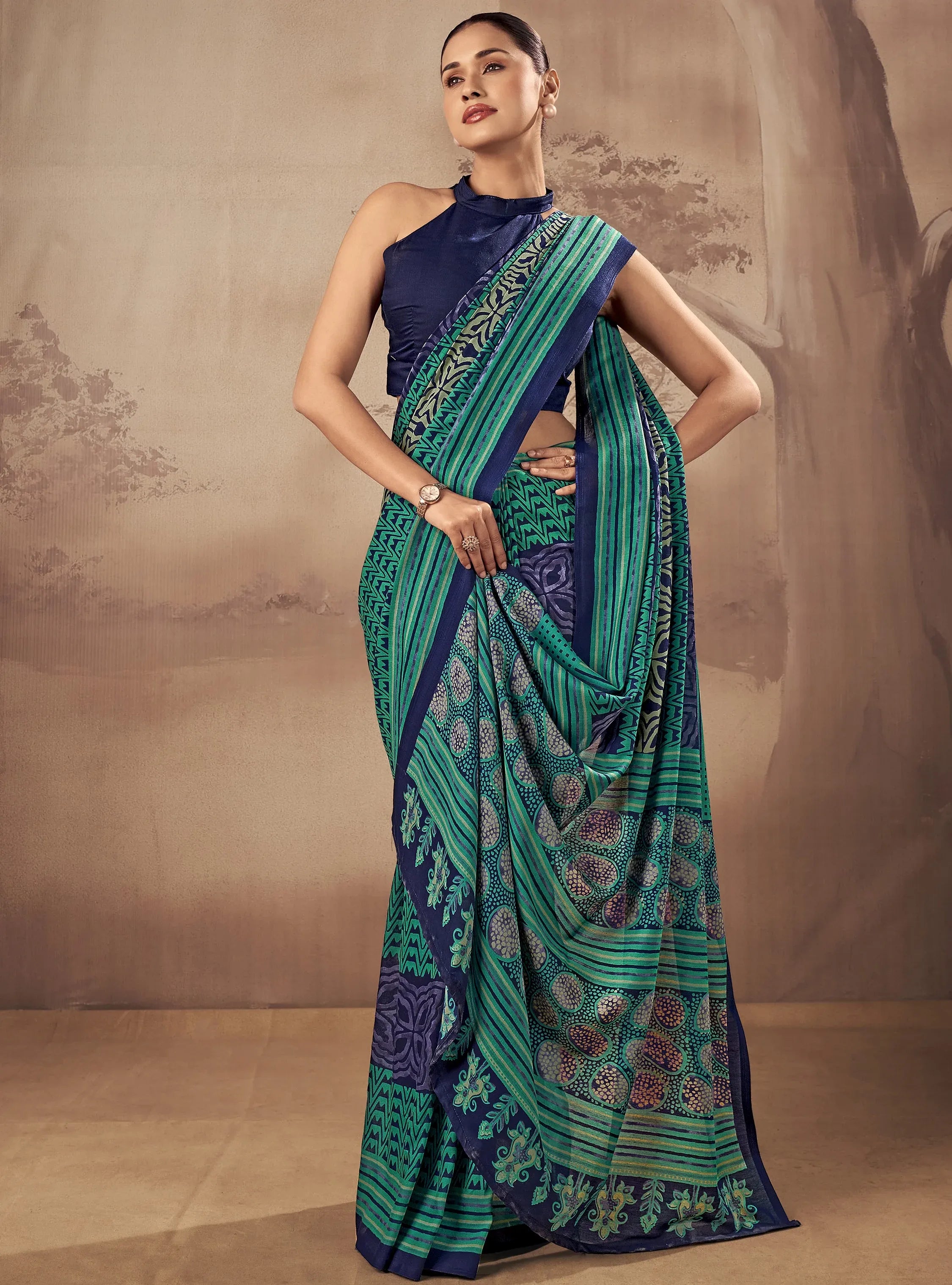 Stunning Teal Green Digital Printed Cotton Daily Wear Saree With Blouse