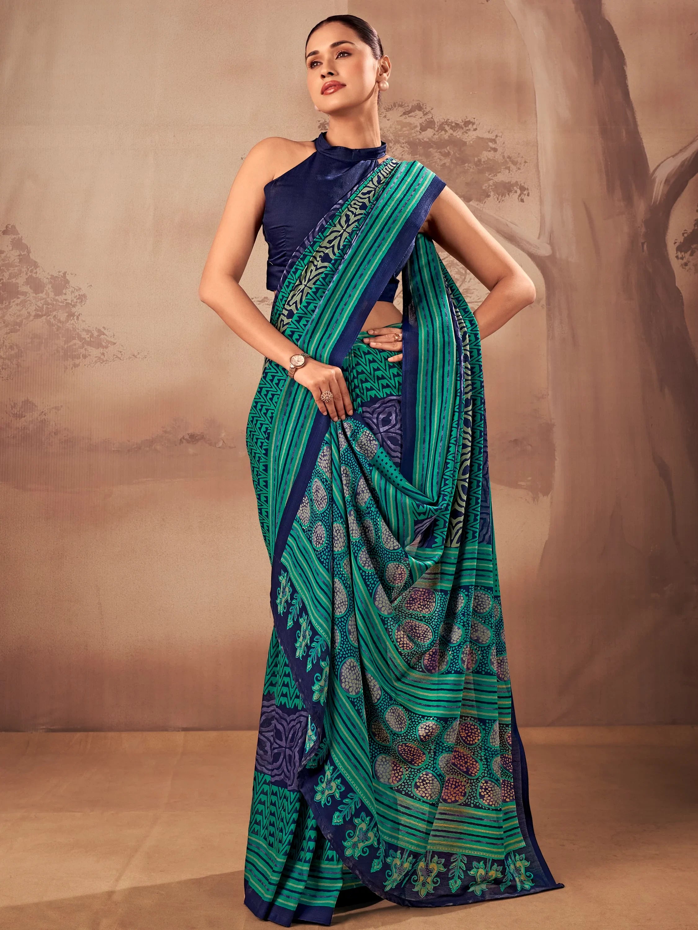 Stunning Teal Green Digital Printed Cotton Daily Wear Saree With Blouse