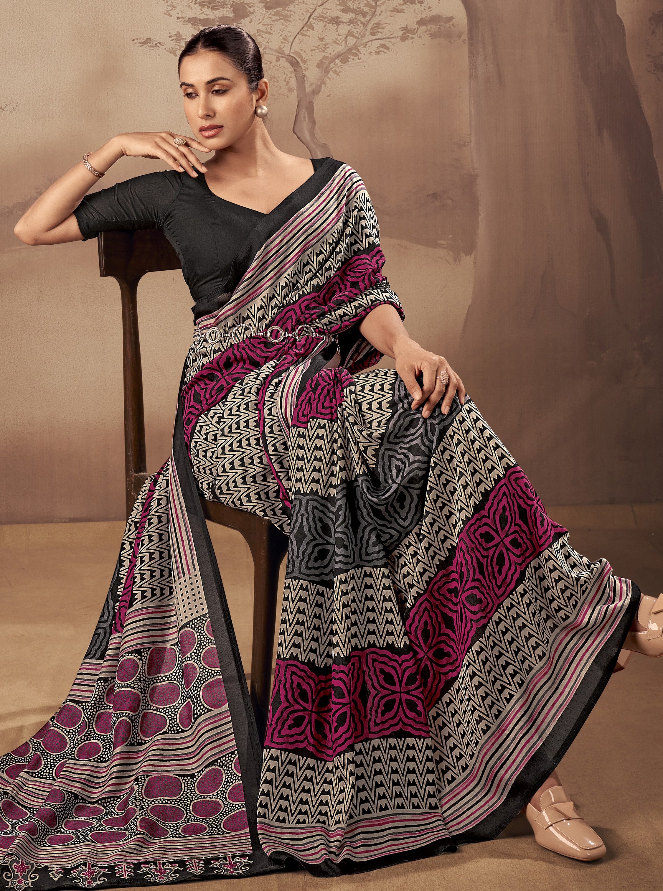 Classy Black Digital Printed Cotton Office Wear Saree With Blouse