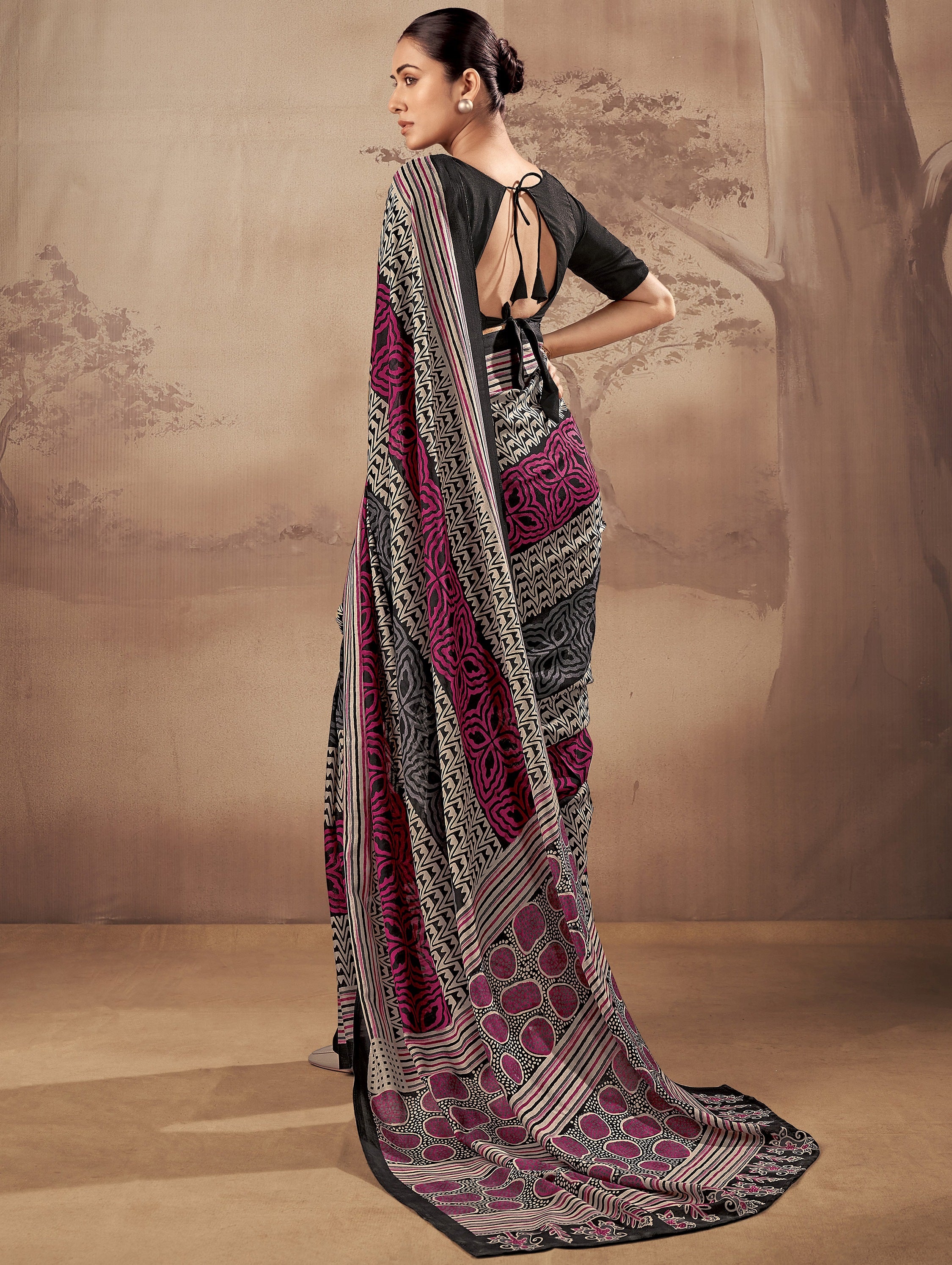 Classy Black Digital Printed Cotton Office Wear Saree With Blouse