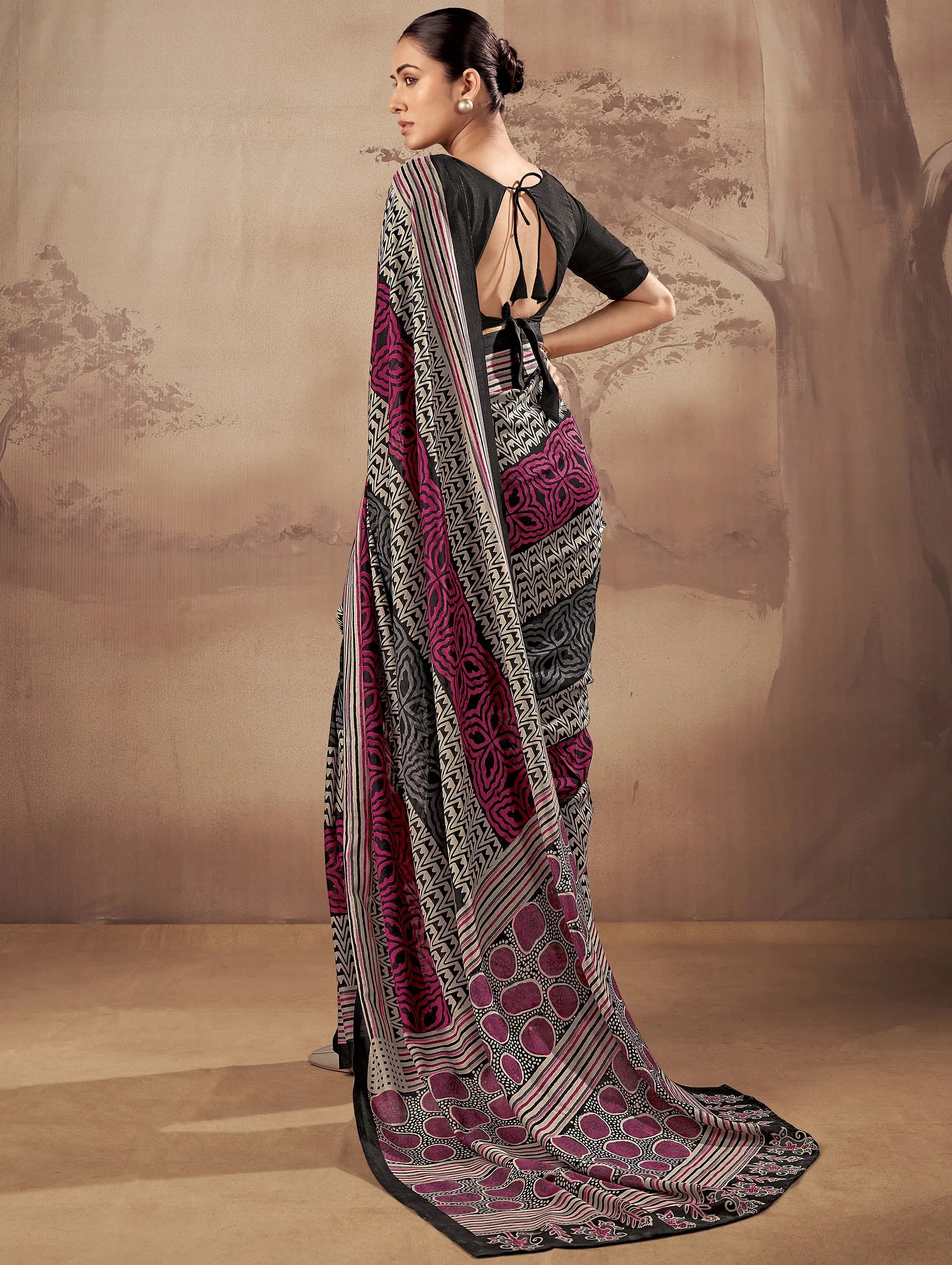 Classy Black Digital Printed Cotton Office Wear Saree With Blouse