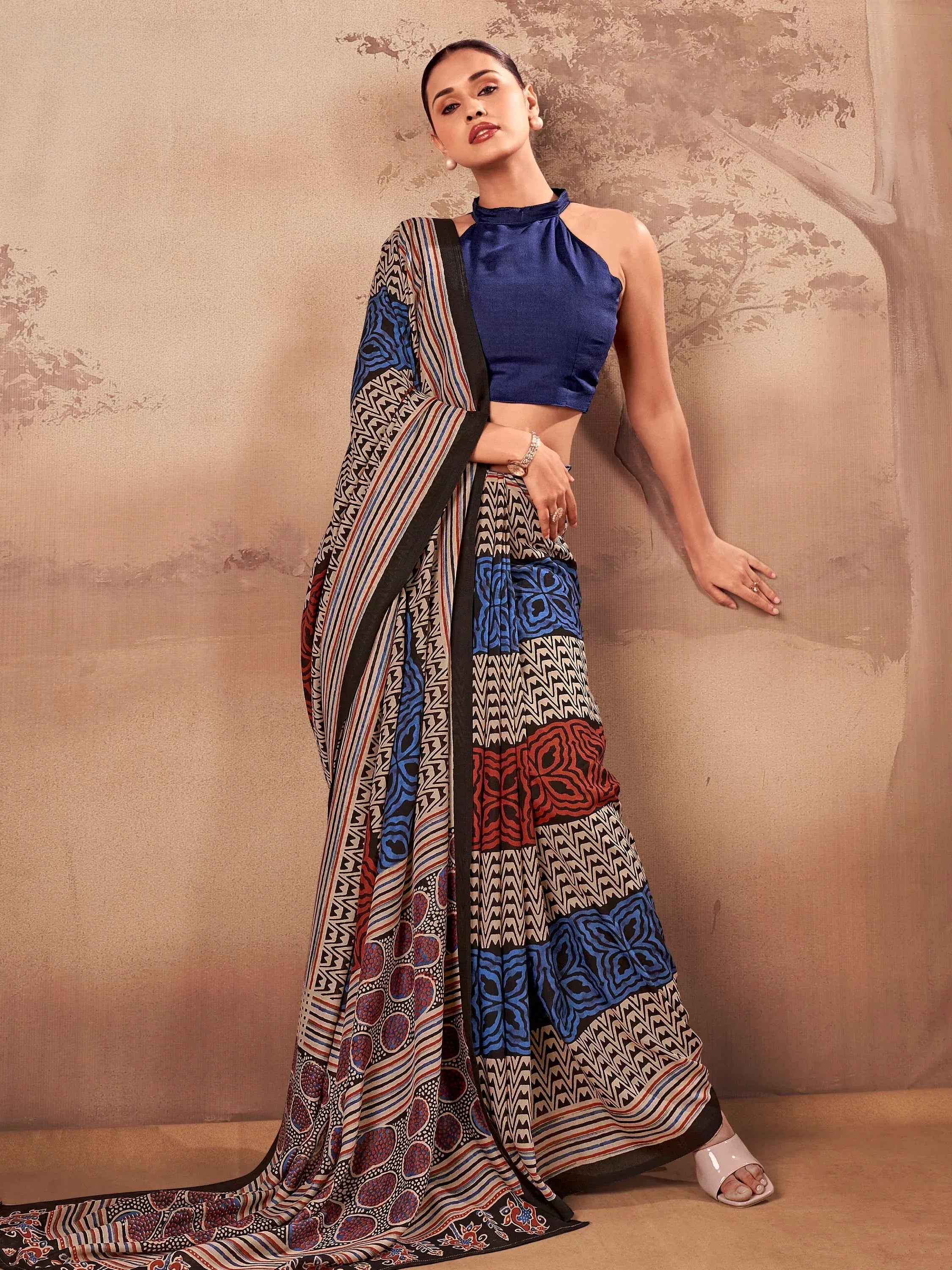 Fantastic Navy Blue Printed Cotton Festive Wear Saree With Blouse