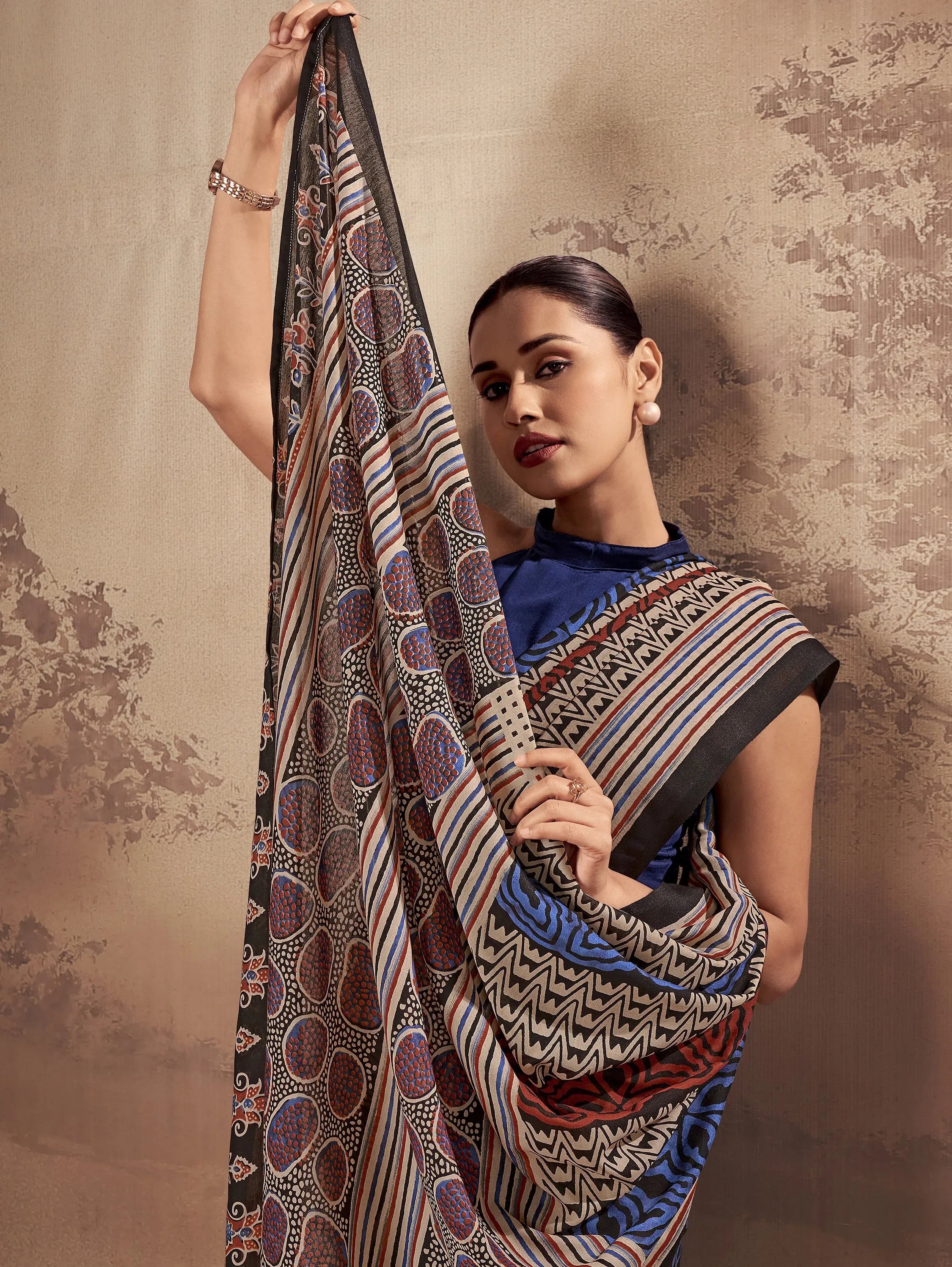 Fantastic Navy Blue Printed Cotton Festive Wear Saree With Blouse