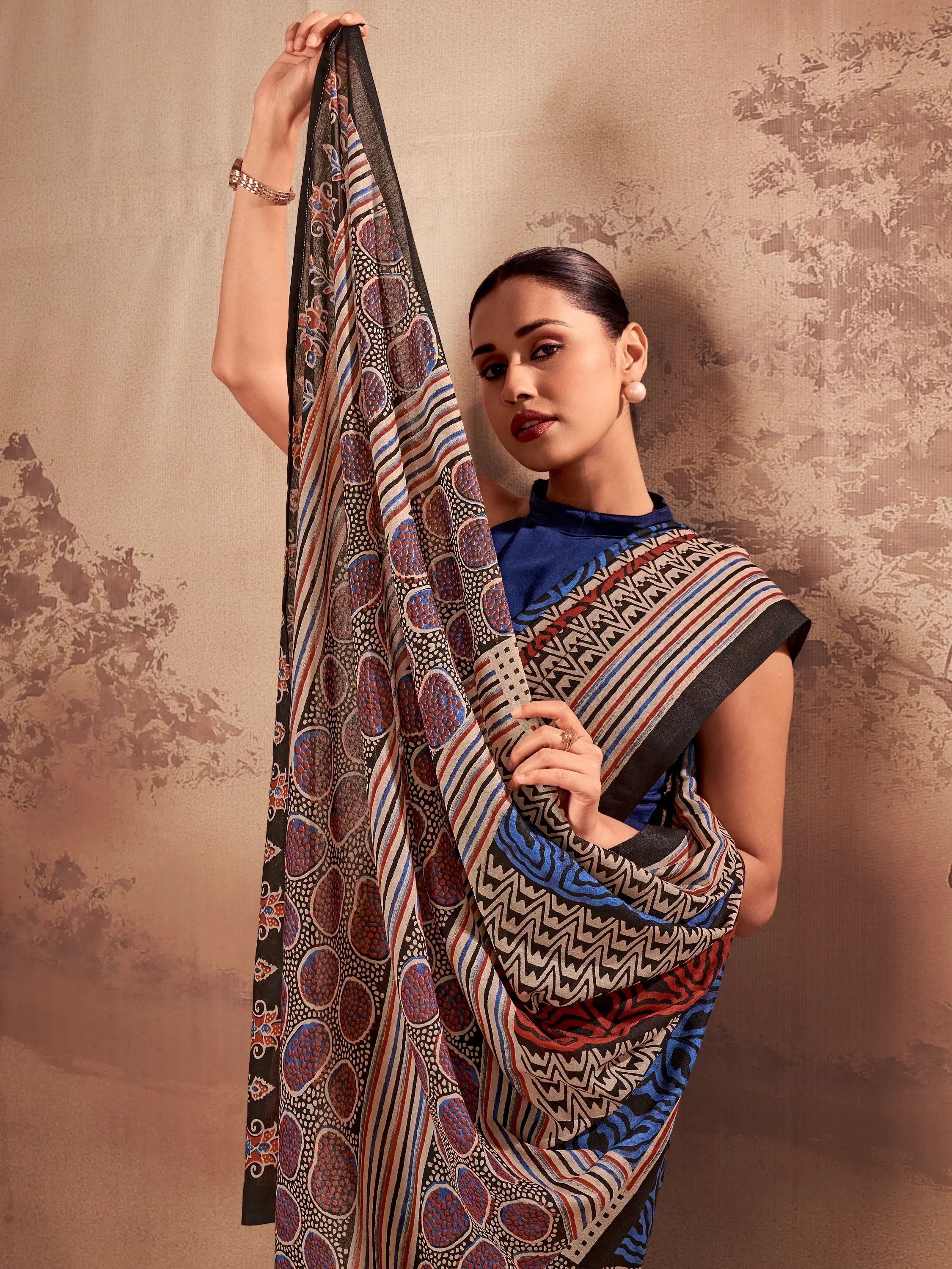 Fantastic Navy Blue Printed Cotton Festive Wear Saree With Blouse