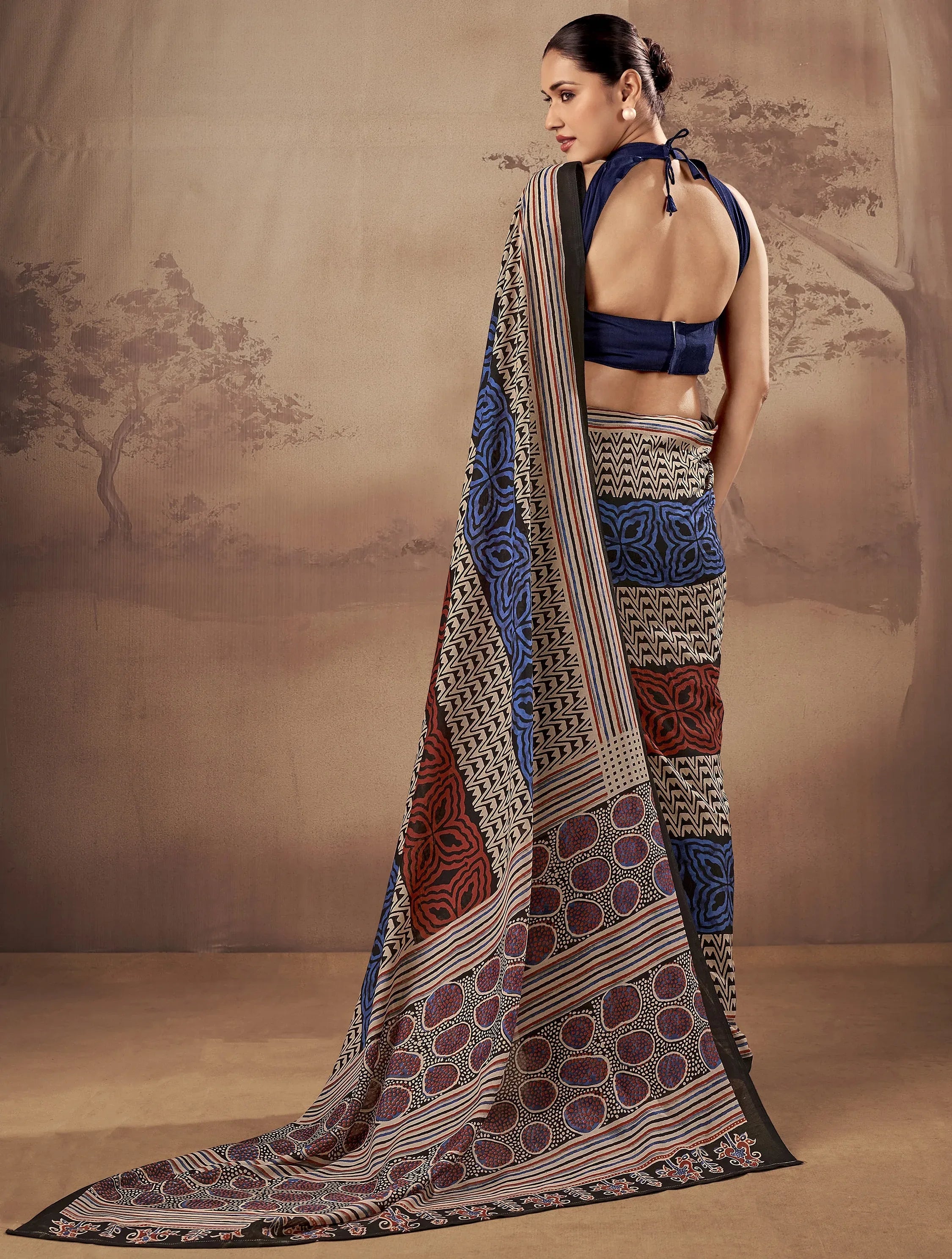 Fantastic Navy Blue Printed Cotton Festive Wear Saree With Blouse