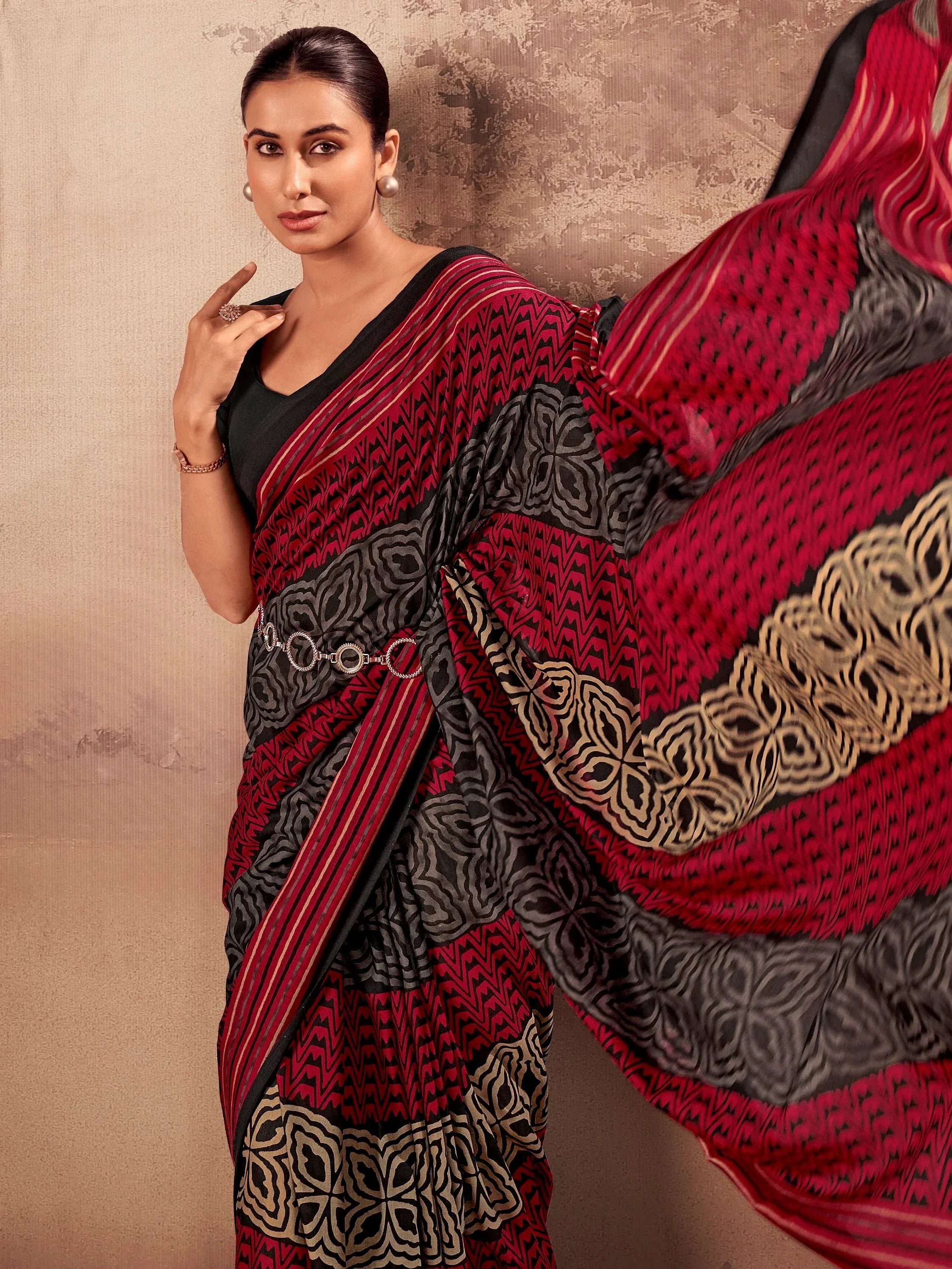 Amazeballs Red Digital Printed Cotton Casual Wear Saree With Blouse