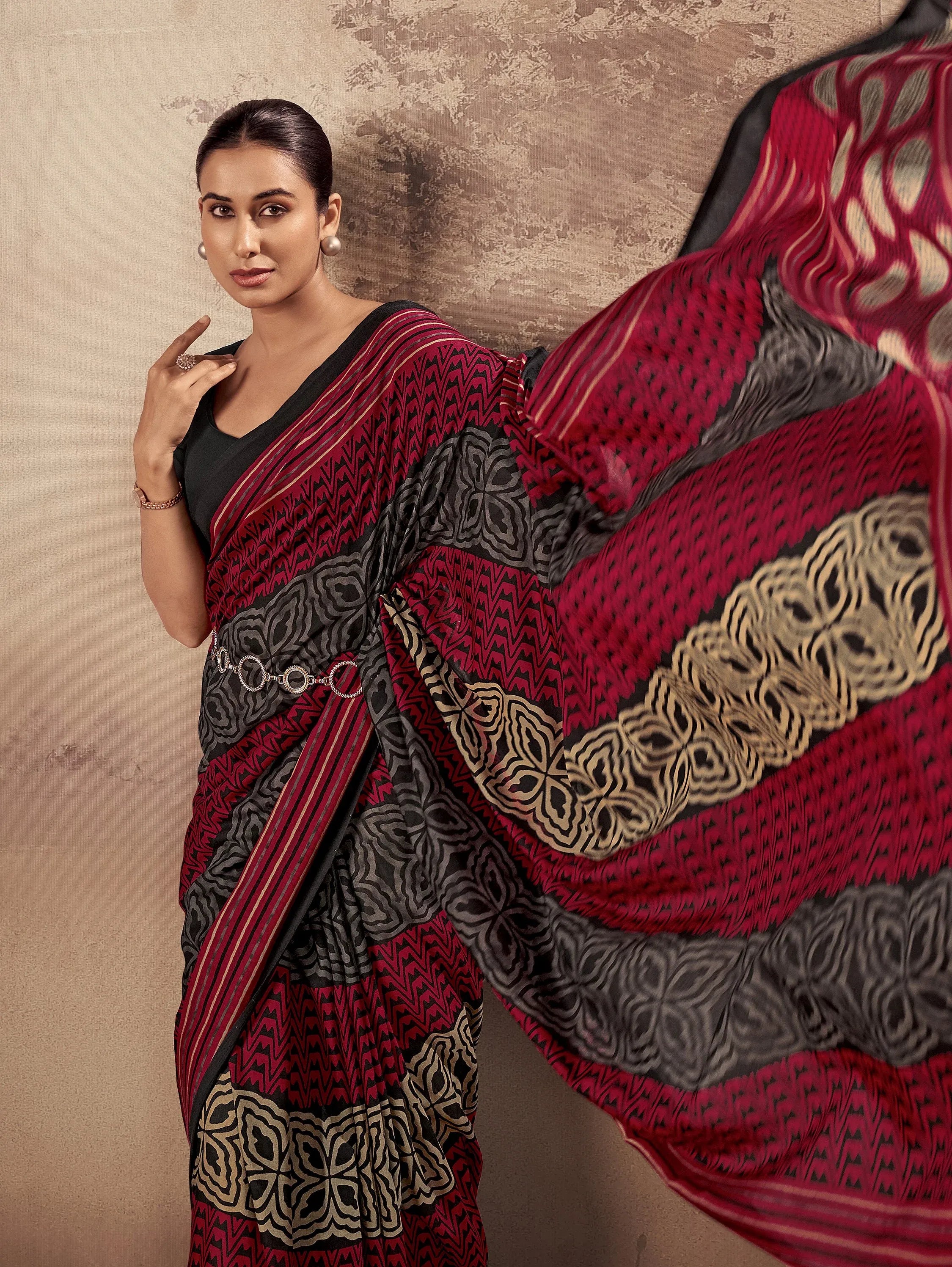 Amazeballs Red Digital Printed Cotton Office Wear Saree With Blouse