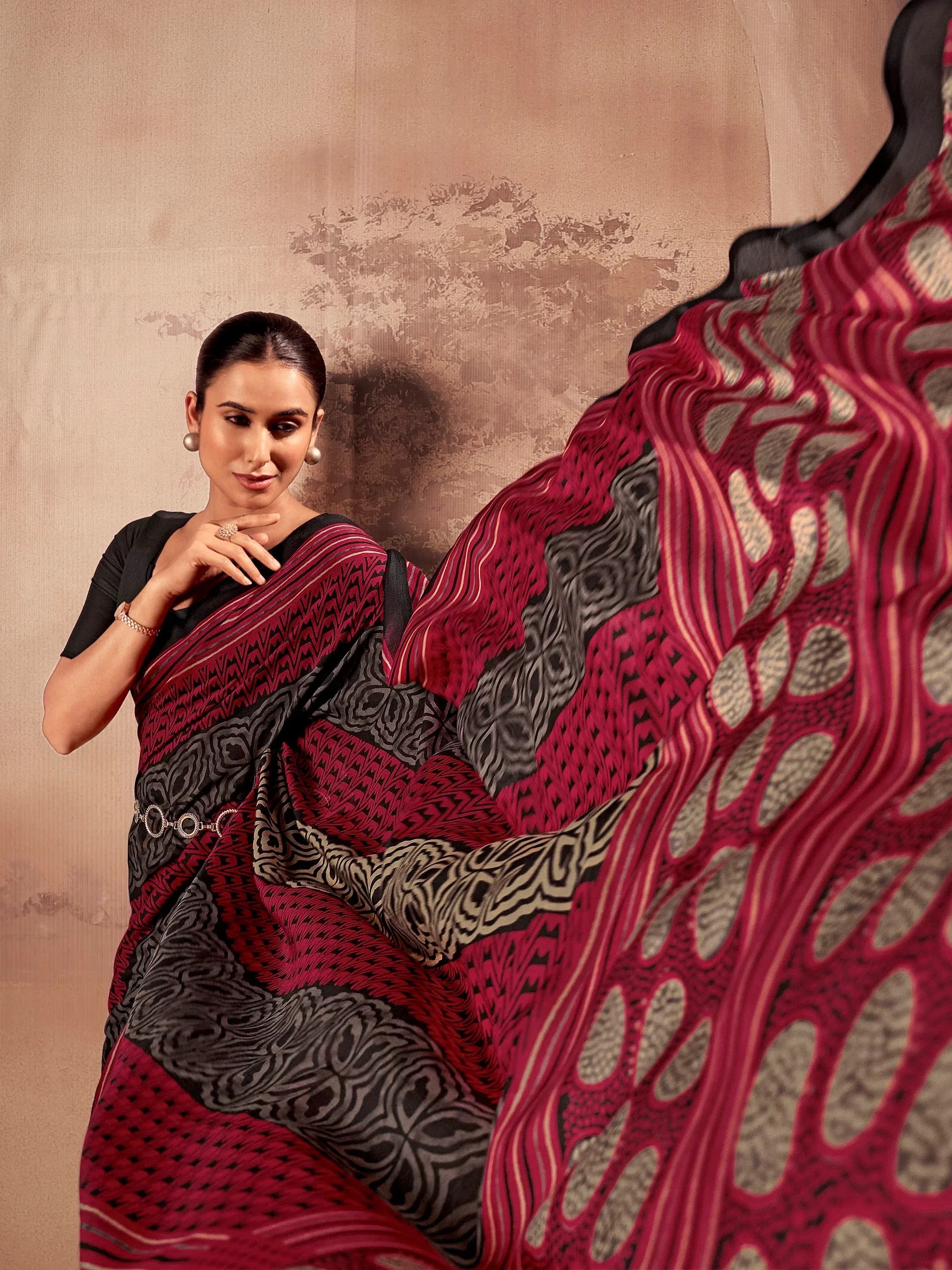 Amazeballs Red Digital Printed Cotton Casual Wear Saree With Blouse