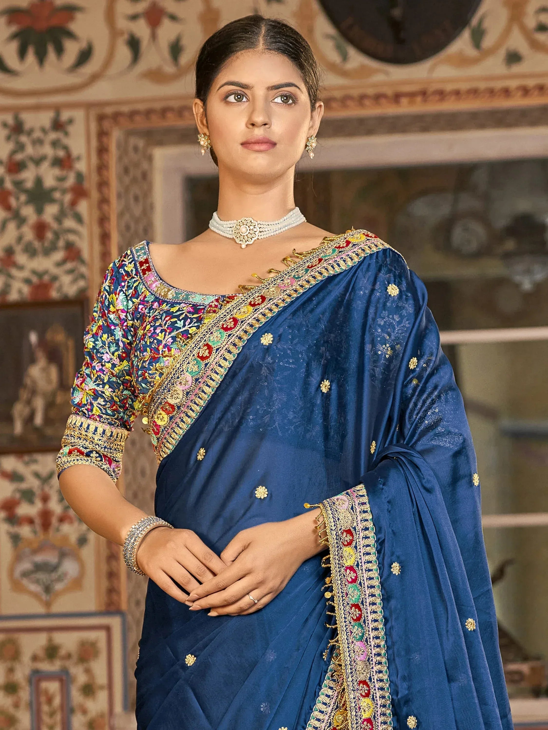 Fashionable Blue Embroidered Georgette Wedding Wear Saree With Blouse