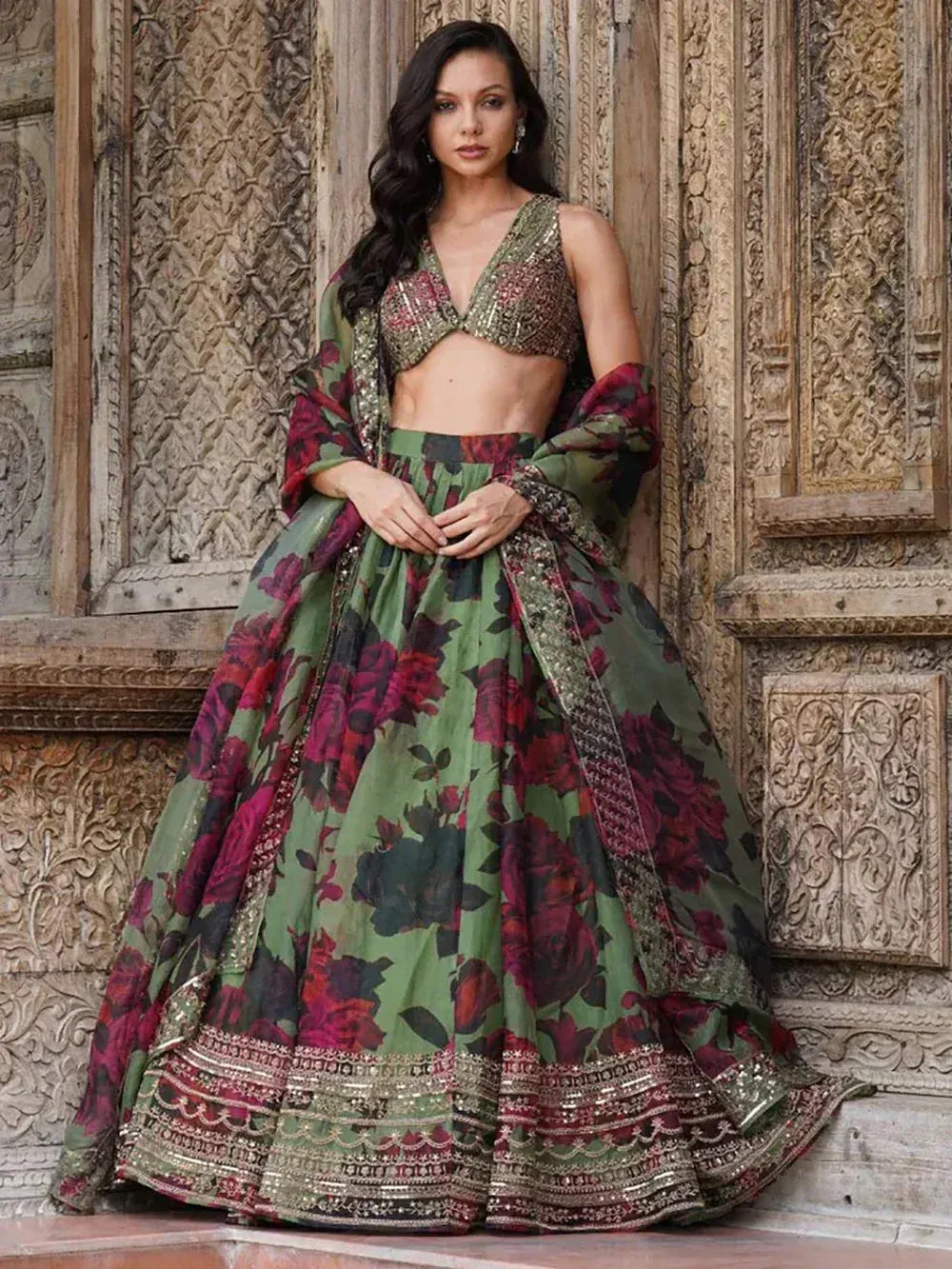 Green floral lehenga choli with embroidered blouse and dupatta, Indian ethnic wear for women