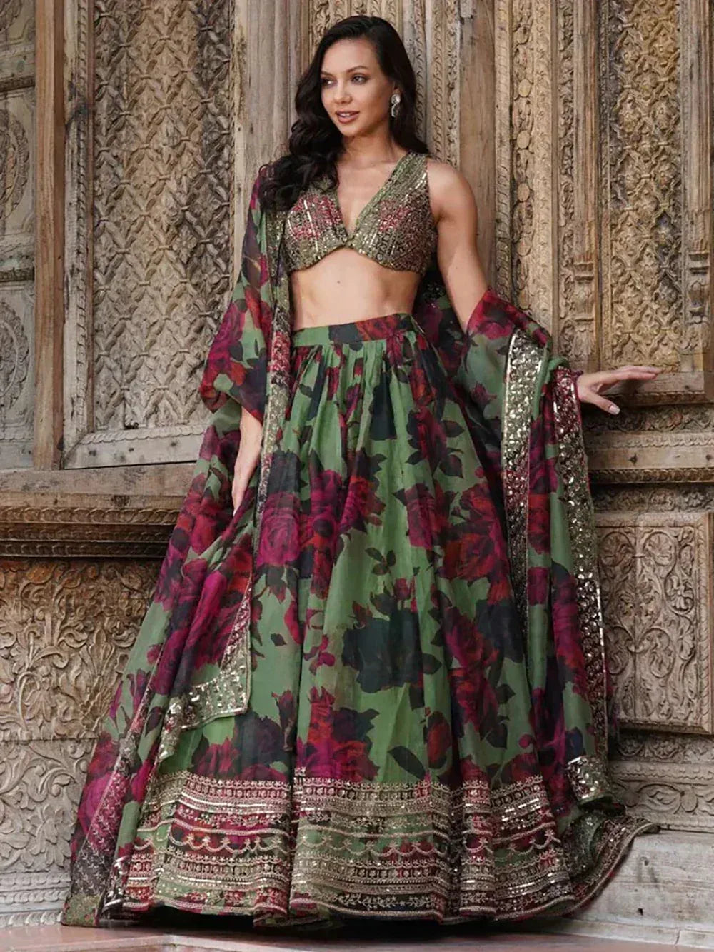 Green floral lehenga choli with embroidered dupatta, perfect for Indian ethnic wear occasions
