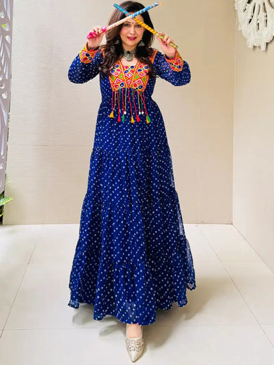 Fabulous Blue Bandhani Printed Georgette Navratri Wear Gown