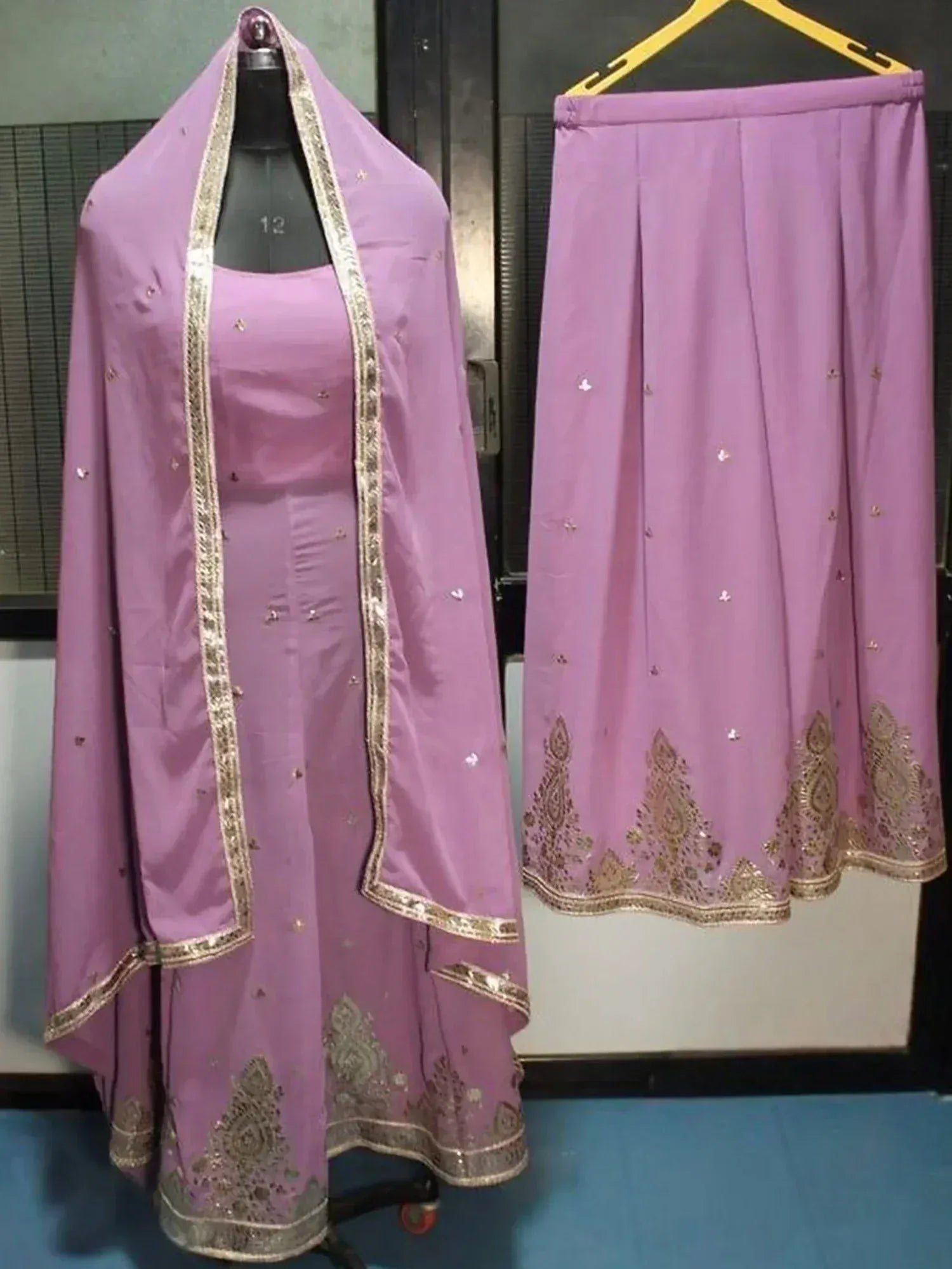 Wonderful Lavender Embroidered Georgette Festival Wear Palazzo Suit