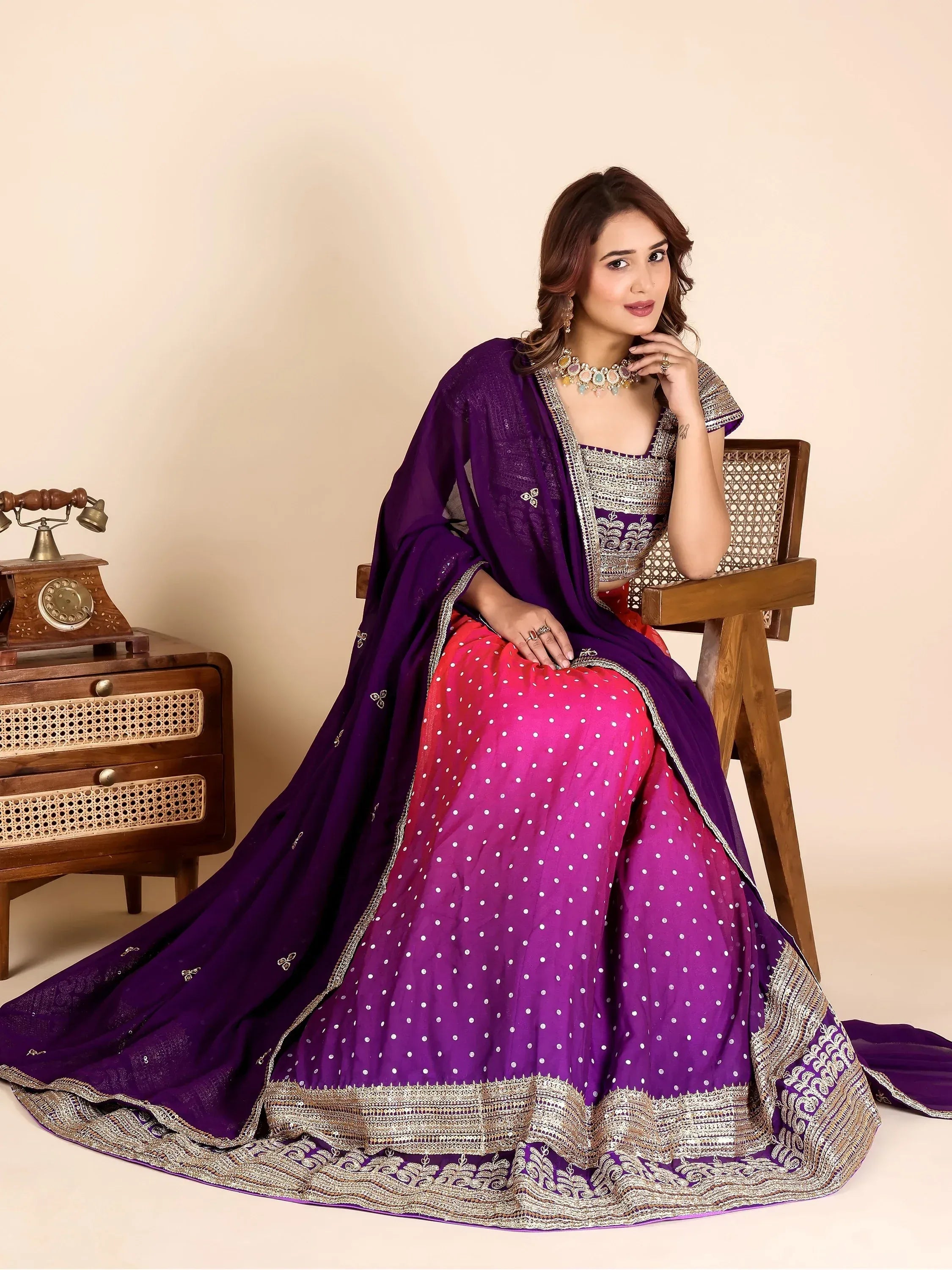 Stylist Purple Shaded Embroidered Georgette Festive Wear Lehenga Choli